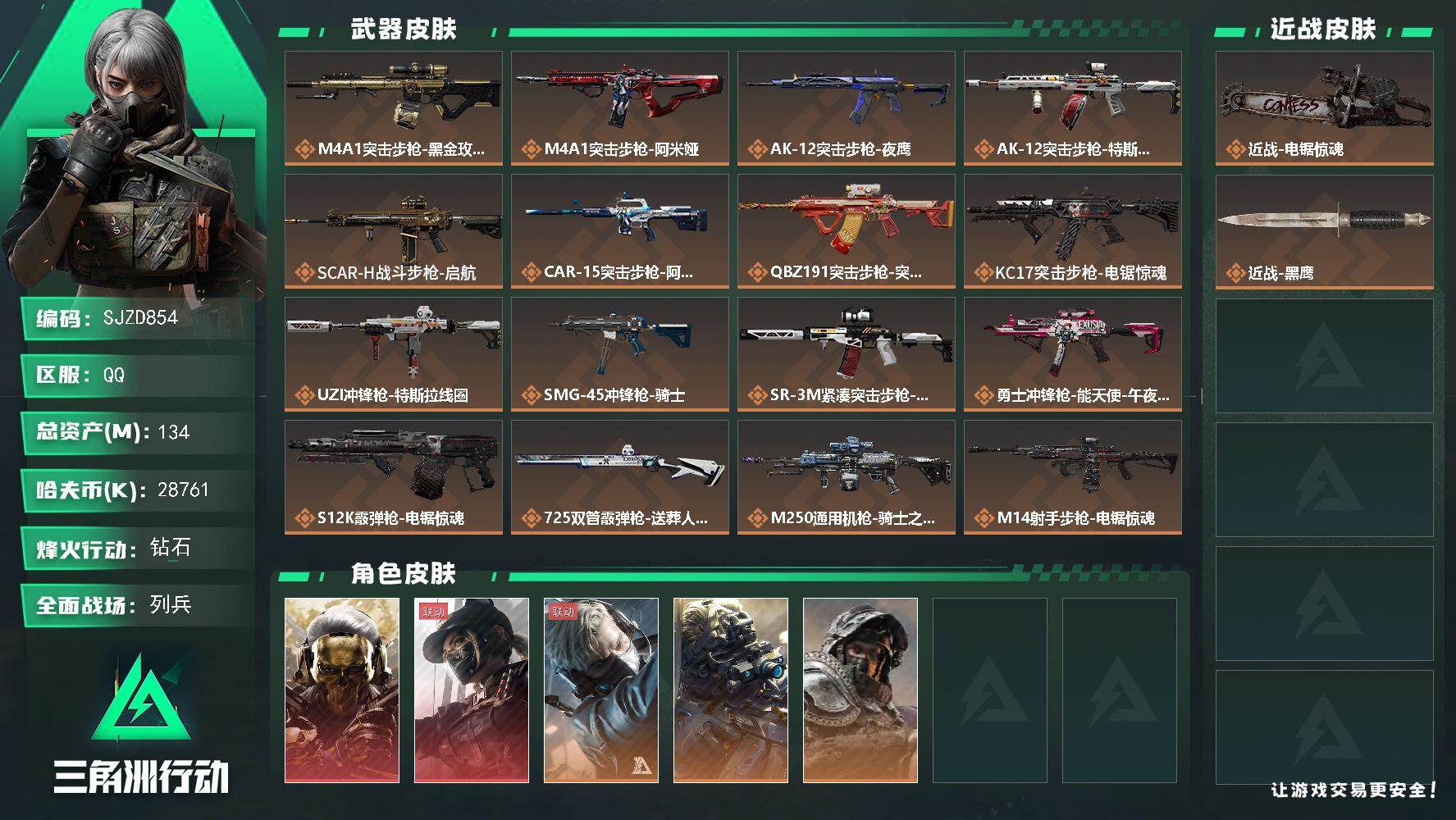 三角洲行动账号QQ【SJZD854】总资产(M)：134M/哈夫币(K)：28761K/哈夫币(K)：28761K/传说枪皮数：20/全面战场等级：18_段位：列兵/烽火地带等级：60_段位：钻石/红狼-蚀金玫瑰/露