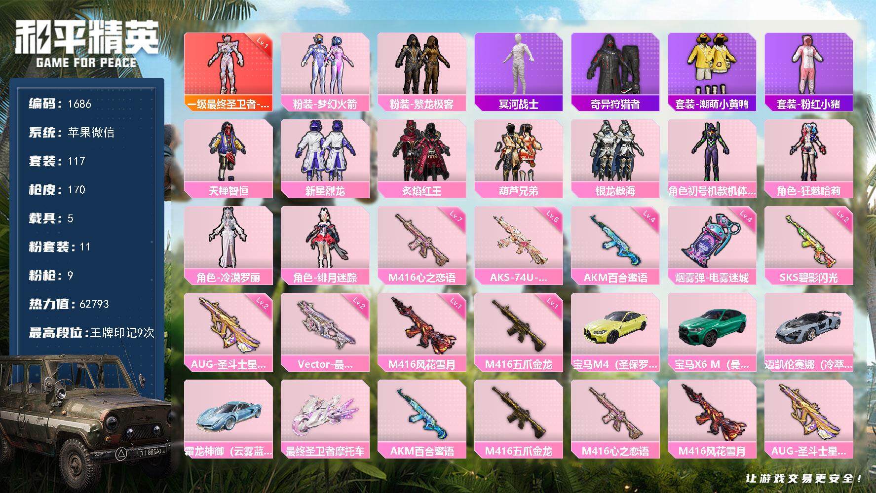 和平精英账号苹果微信5载具-117套装-170枪皮-117套装/枪械9/装备215/载具5/战备123/王牌印记9/热力