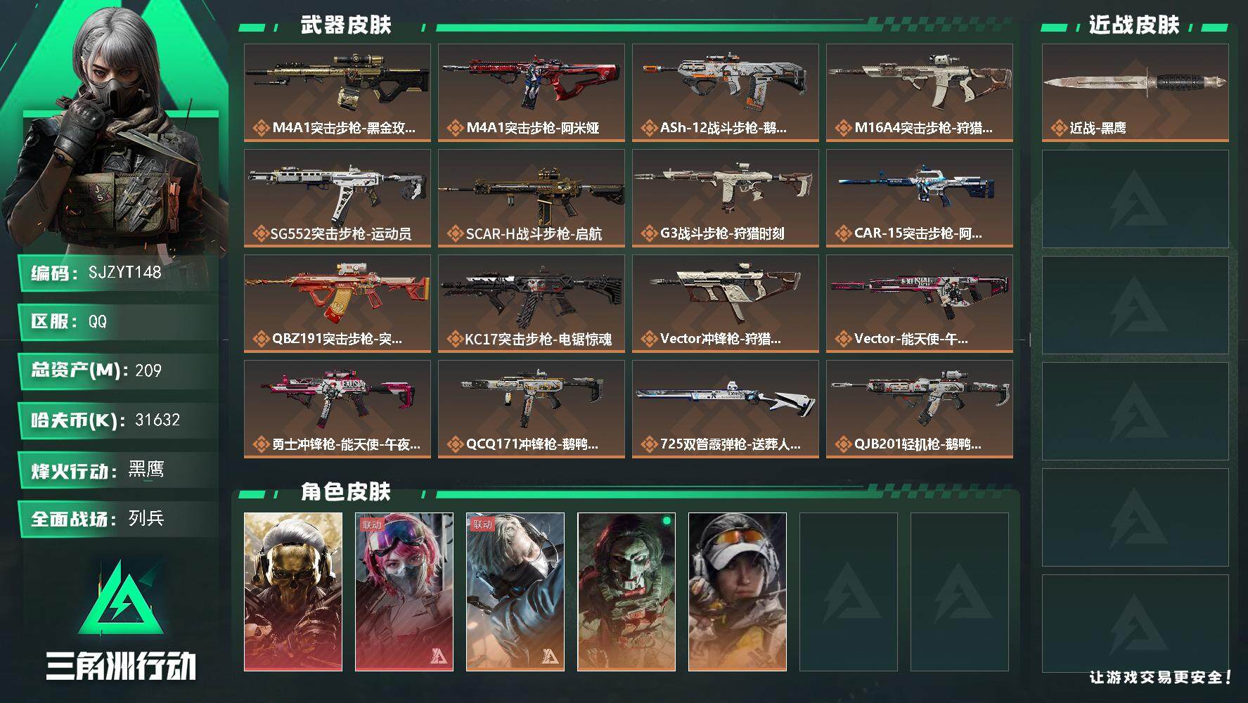 三角洲行动账号QQ【SJZYT148】总资产(M)：209M/哈夫币(K)：31632K/哈夫币(K)：31632K/