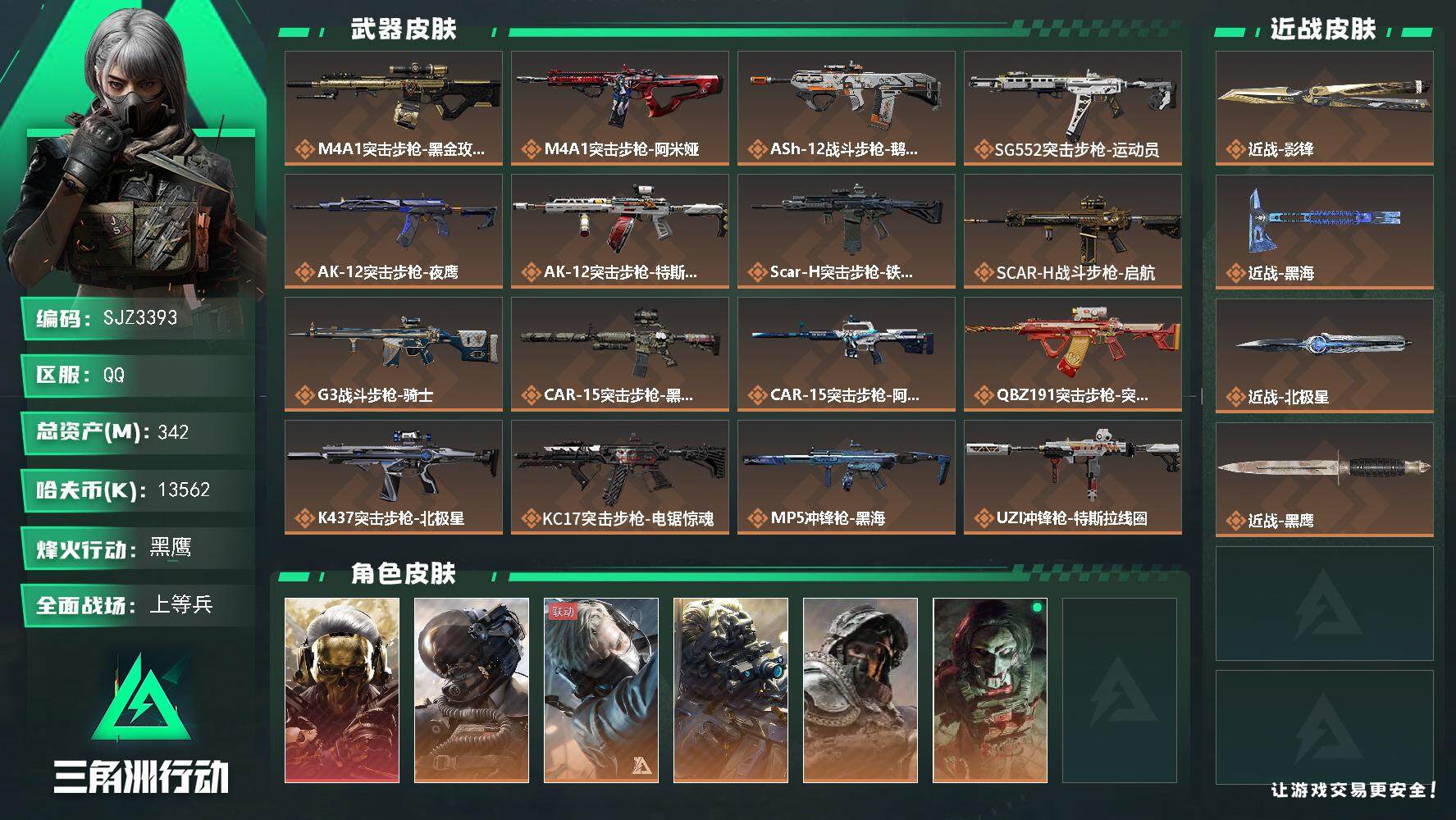 三角洲行动账号QQ【SJZ3393】总资产(M)：342M/哈夫币(K)：13562K/哈夫币(K)：13562K/全