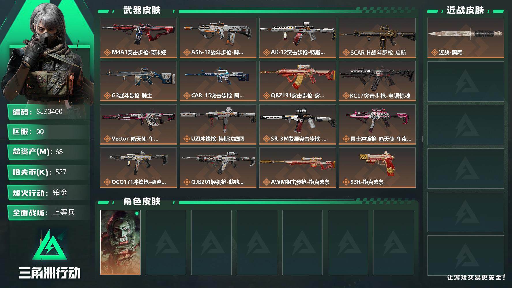 三角洲行动账号QQ【SJZ3400】总资产(M)：68M/哈夫币(K)：537K/哈夫币(K)：537K/全面战场等级：18_段位：上等兵/烽火地带等级：60_段位：铂金/红狼-电锯惊魂/近战-黑鹰/M4A1突击步枪
