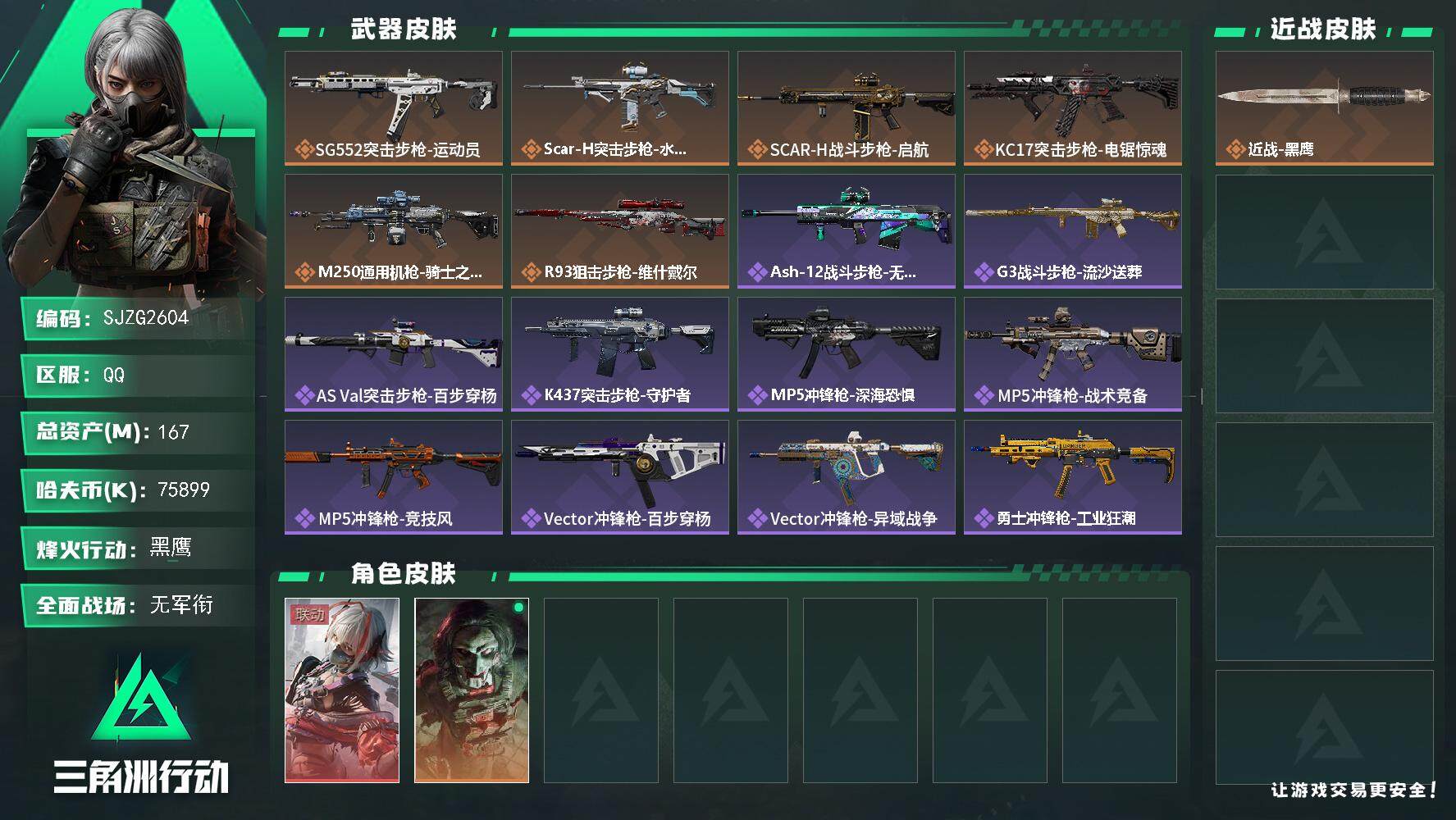 三角洲行动账号QQ【SJZG2604】总资产(M)：167M/哈夫币(K)：75899K/哈夫币(K)：75899K/