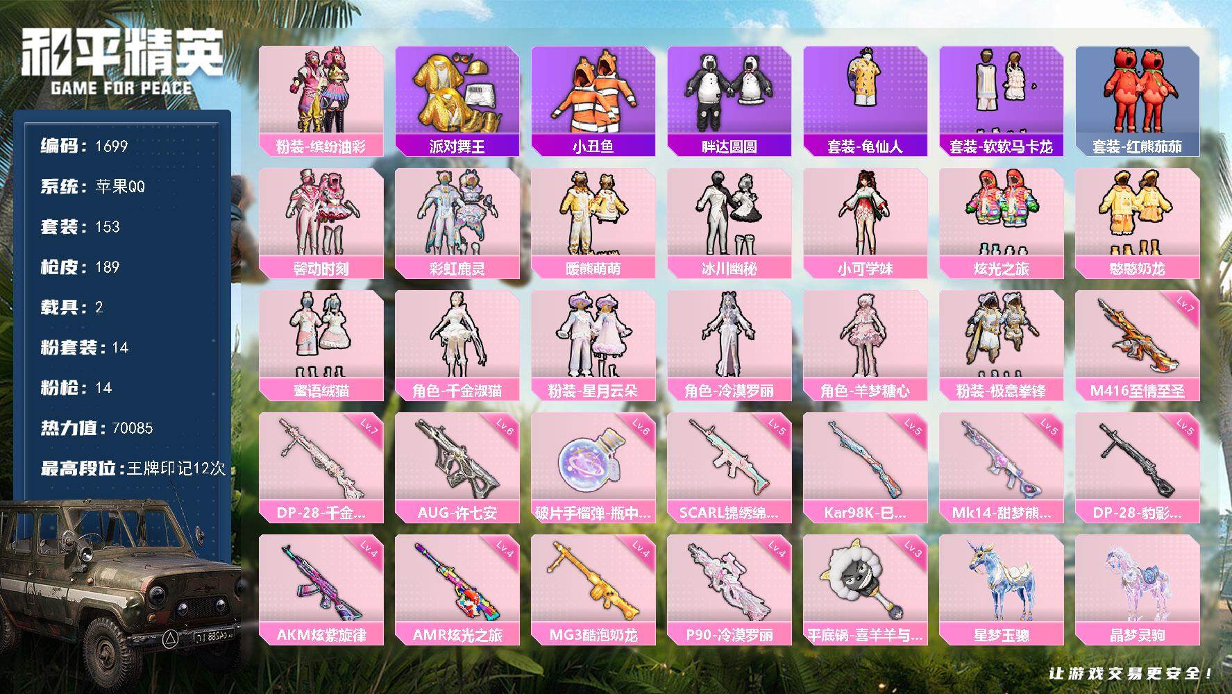 和平精英账号苹果QQ2载具-153套装-189枪皮-153套装/枪械14/装备269/载具2/战备181/王牌印记12/