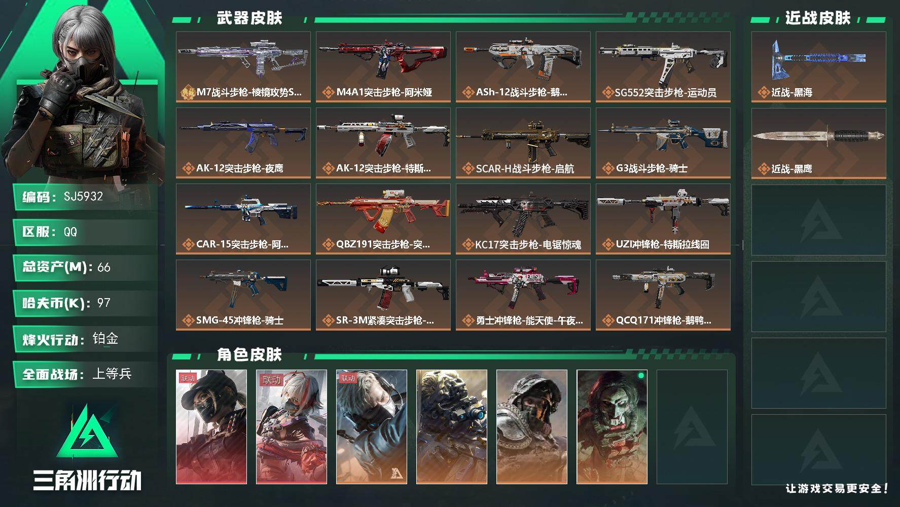 三角洲行动账号QQ【SJ5932】总资产(M)：66M/哈夫币(K)：97K/哈夫币(K)：97K/全面战场等级：35_段位：上等兵/烽火地带等级：60_段位：铂金/露娜-黑·天际线/骇爪-维什戴尔/蜂医-送葬人·无