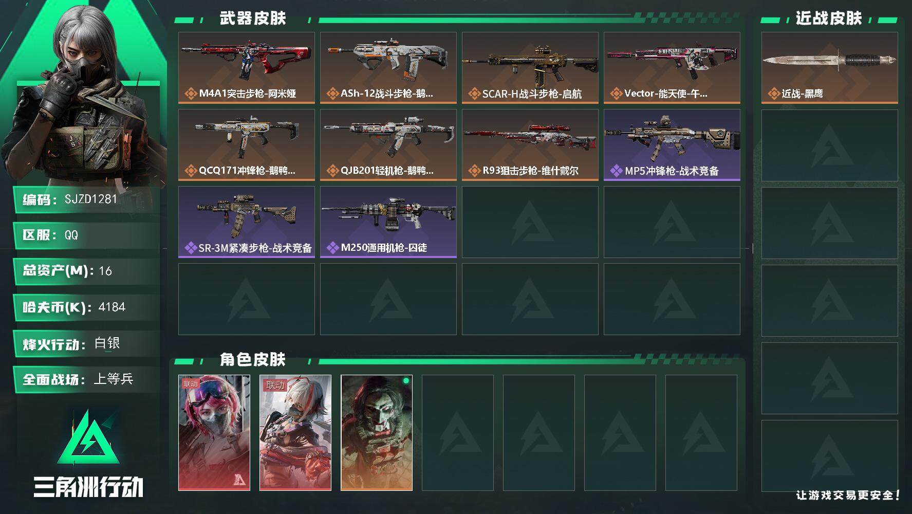 三角洲行动账号QQ【SJZD1281】总资产(M)：16M/哈夫币(K)：4184K/哈夫币(K)：4184K/全面战场等级：17_段位：上等兵/烽火地带等级：47_段位：白银/蛊-能天使午夜邮差/骇爪-维什戴尔/红
