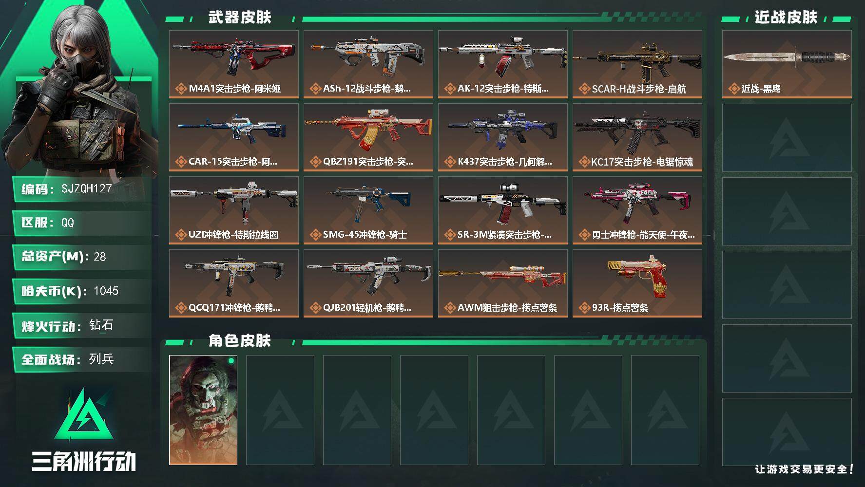 三角洲行动账号QQ【SJZQH127】总资产(M)：28M/哈夫币(K)：1045K/哈夫币(K)：1045K/全面战场等级：7_段位：列兵/烽火地带等级：60_段位：钻石/红狼-电锯惊魂/近战-黑鹰/M4A1突击步