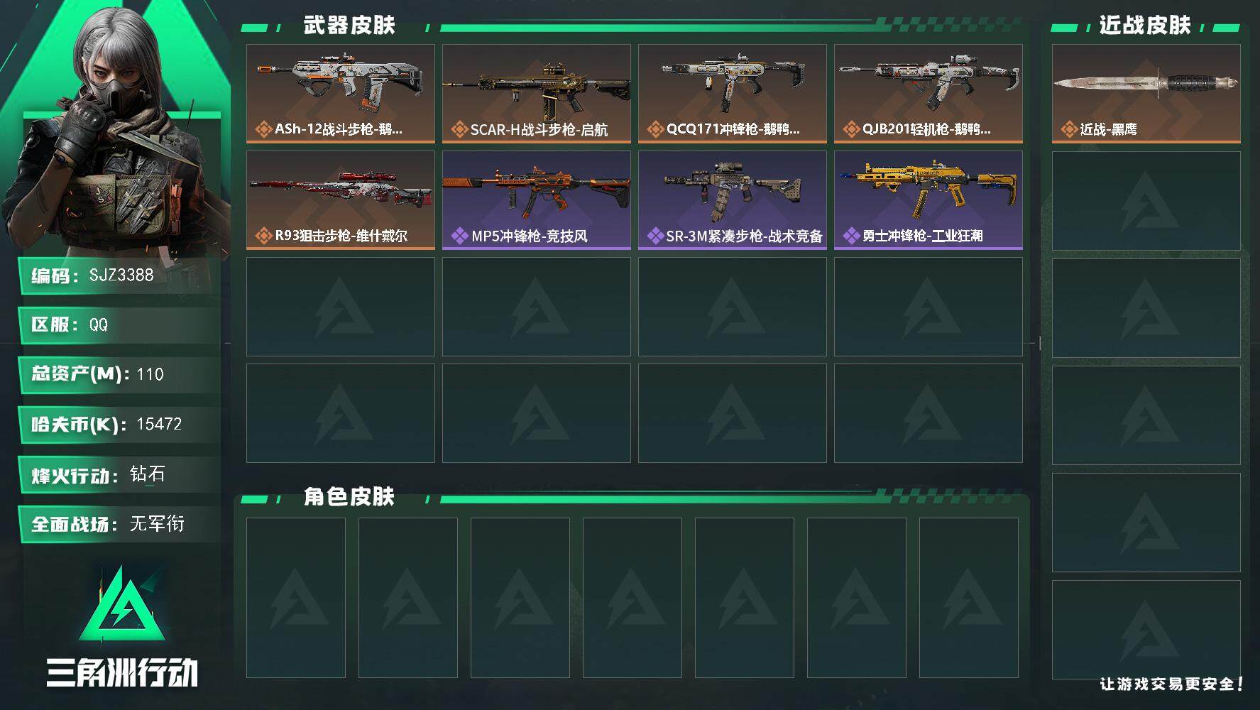 三角洲行动账号QQ【SJZ3388】总资产(M)：110M/哈夫币(K)：15472K/哈夫币(K)：15472K/全面战场等级：1_段位：无段位/烽火地带等级：60_段位：钻石/近战-黑鹰/ASh-12战斗步枪-鹅