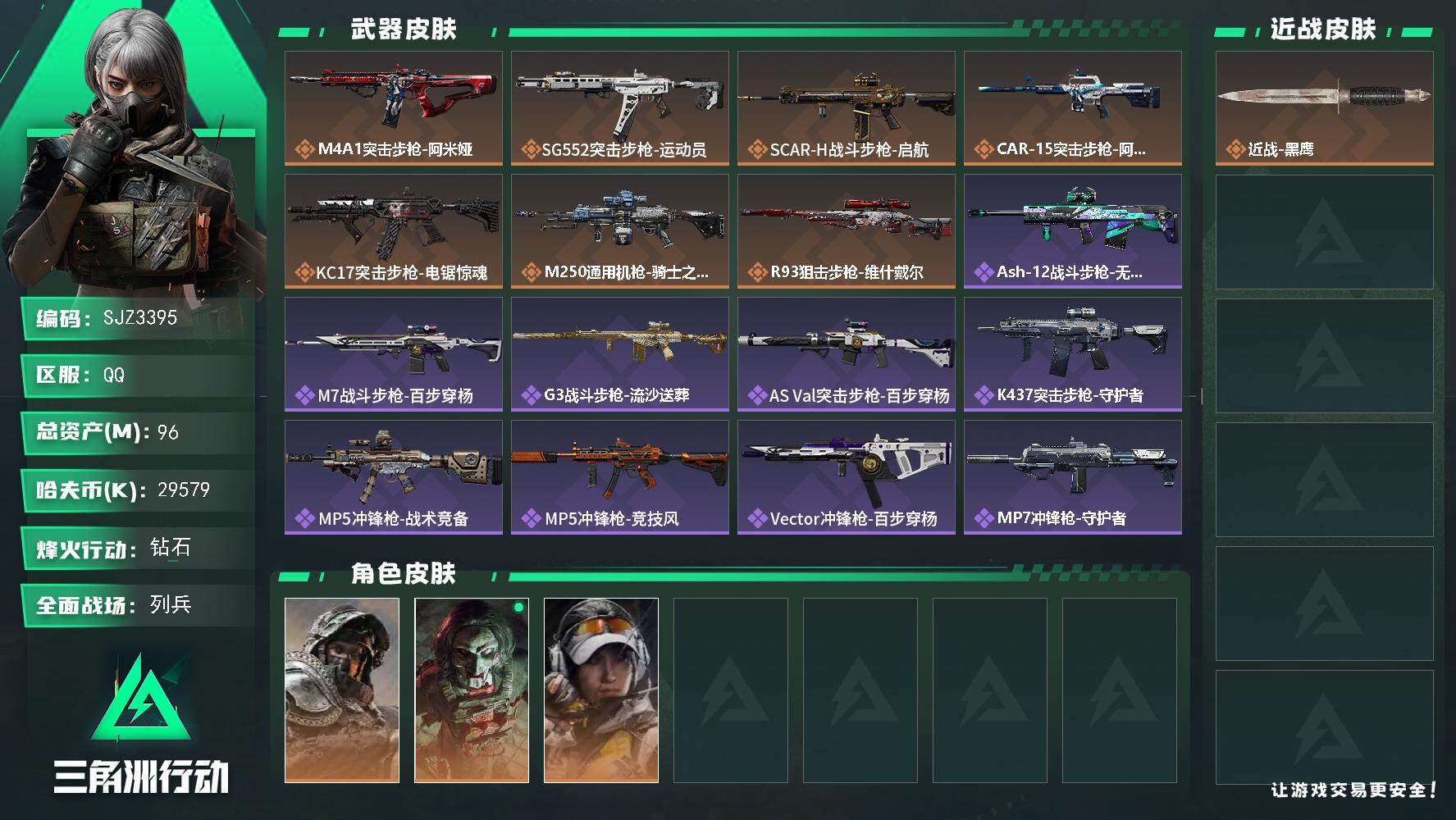 三角洲行动账号QQ【SJZ3395】总资产(M)：96M/哈夫币(K)：29579K/哈夫币(K)：29579K/全面
