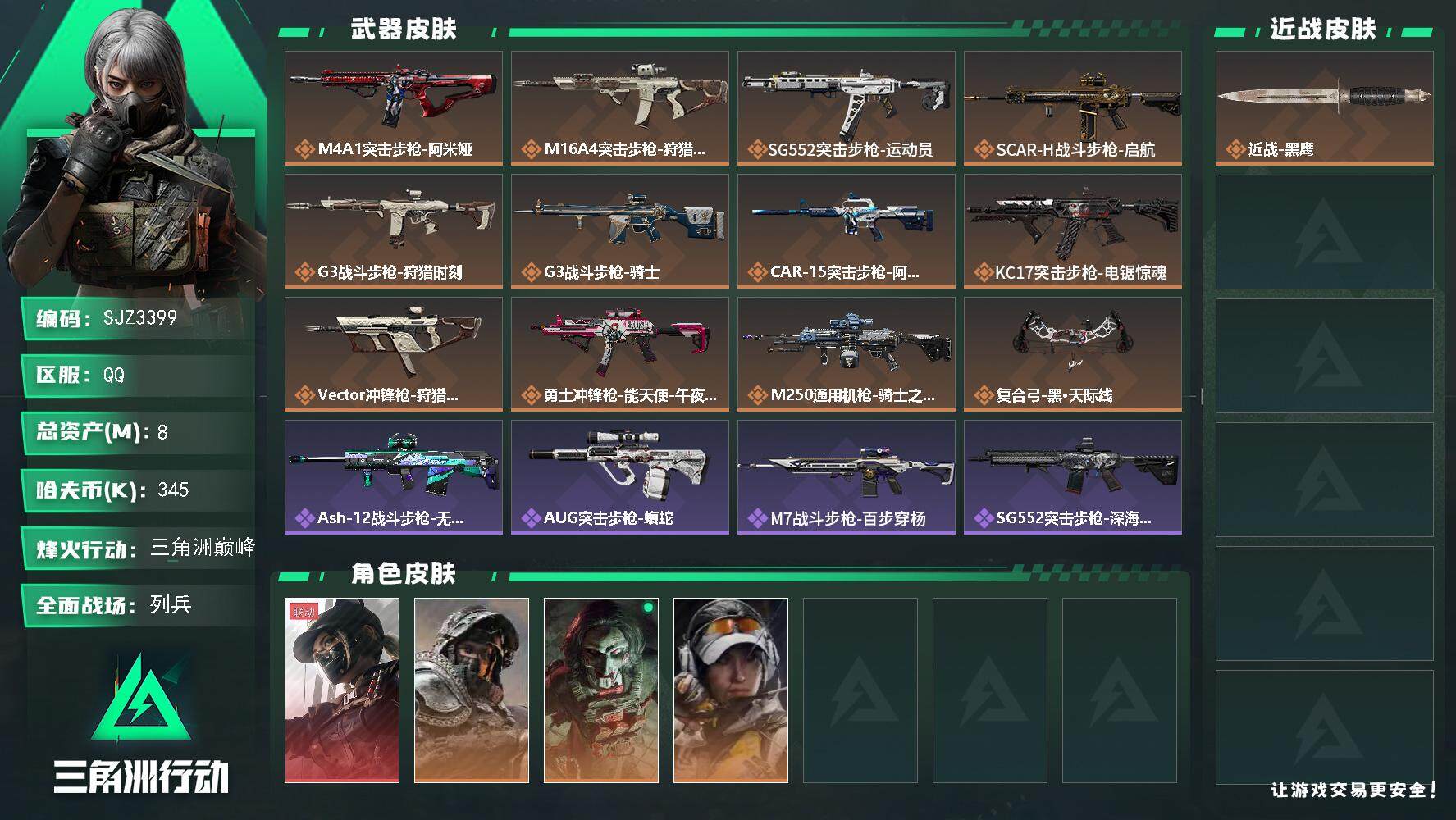 三角洲行动账号QQ【SJZ3399】总资产(M)：8M/哈夫币(K)：345K/哈夫币(K)：345K/全面战场等级：