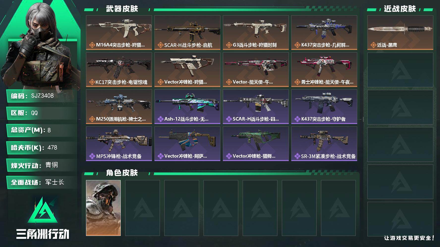 三角洲行动账号QQ【SJZ3408】总资产(M)：8M/哈夫币(K)：478K/哈夫币(K)：478K/全面战场等级：40_段位：军士长/烽火地带等级：60_段位：青铜/深蓝-不破誓约/近战-黑鹰/M16A4突击步枪