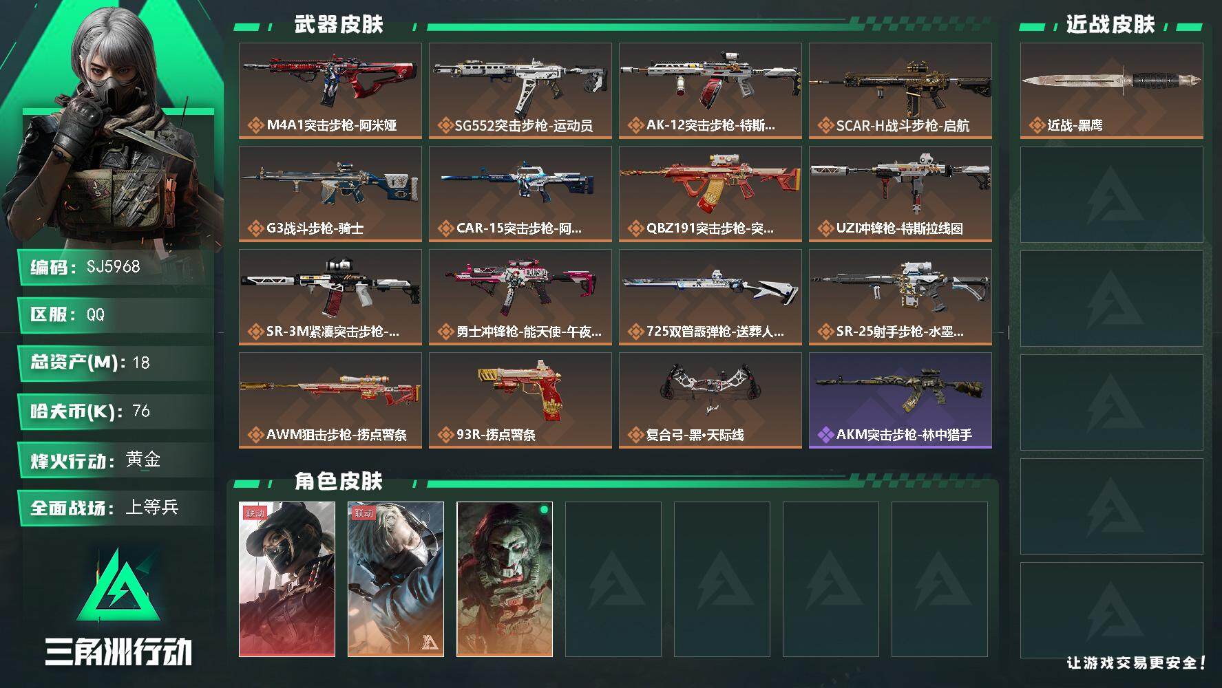 三角洲行动账号QQ【SJ5968】总资产(M)：18M/哈夫币(K)：76K/哈夫币(K)：76K/全面战场等级：18_段位：上等兵/烽火地带等级：60_段位：黄金/露娜-黑·天际线/蜂医-送葬人·无题密令/红狼-电