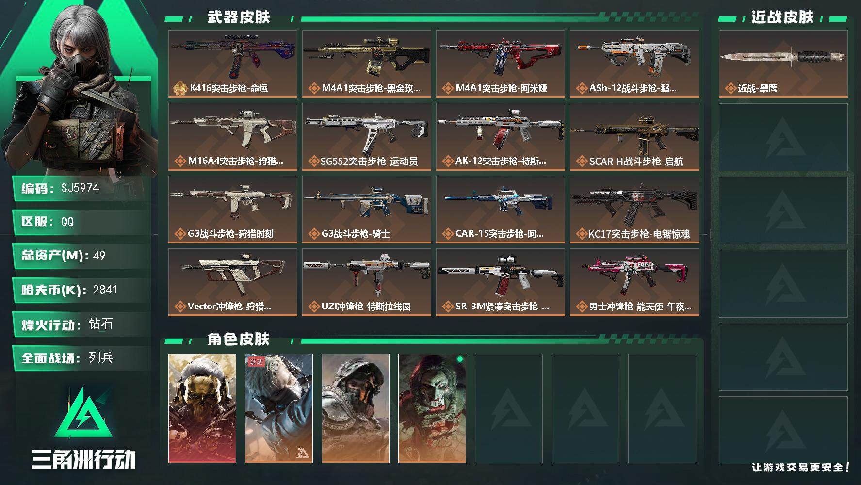 三角洲行动账号QQ【SJ5974】总资产(M)：49M/哈夫币(K)：2841K/哈夫币(K)：2841K/全面战场等