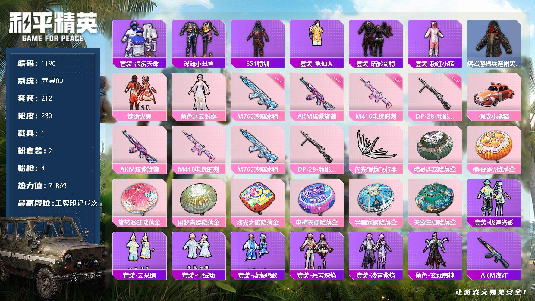 和平精英账号苹果QQ【极品女号·身法素材·12印记·2粉·4特·1车·深海小丑鱼·暗影哥特·浪漫天命·粉熊背包】苹果 手