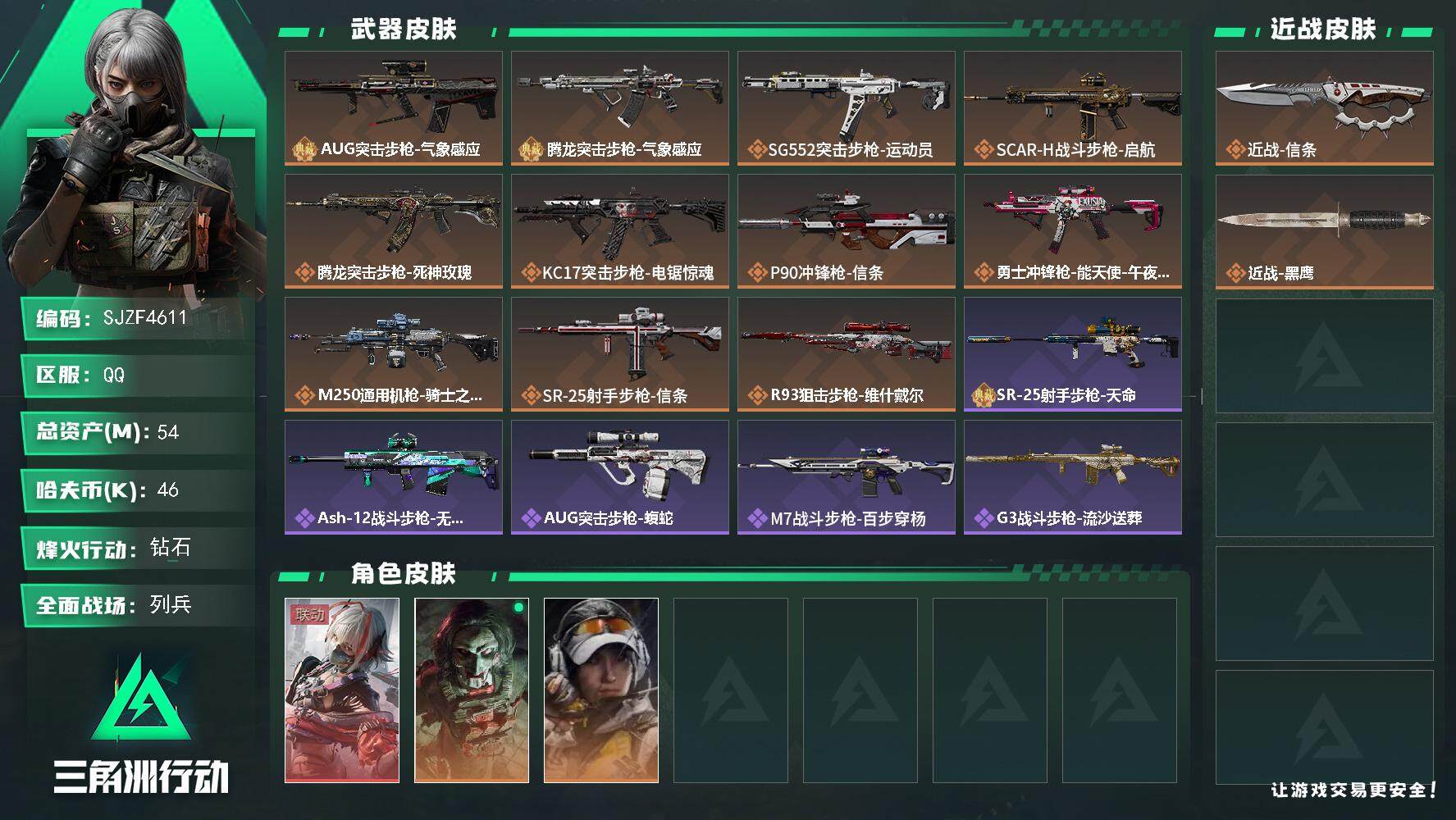 三角洲行动账号QQ【SJZF4611】总资产(M)：54M/哈夫币(K)：46K/哈夫币(K)：46K/全面战场等级：