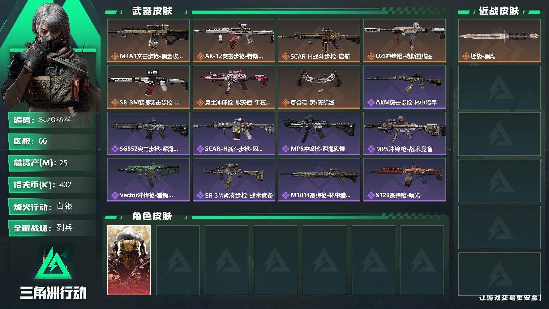 三角洲行动账号QQ【SJZG2624】总资产(M)：25M/哈夫币(K)：432K/哈夫币(K)：432K/全面战场等