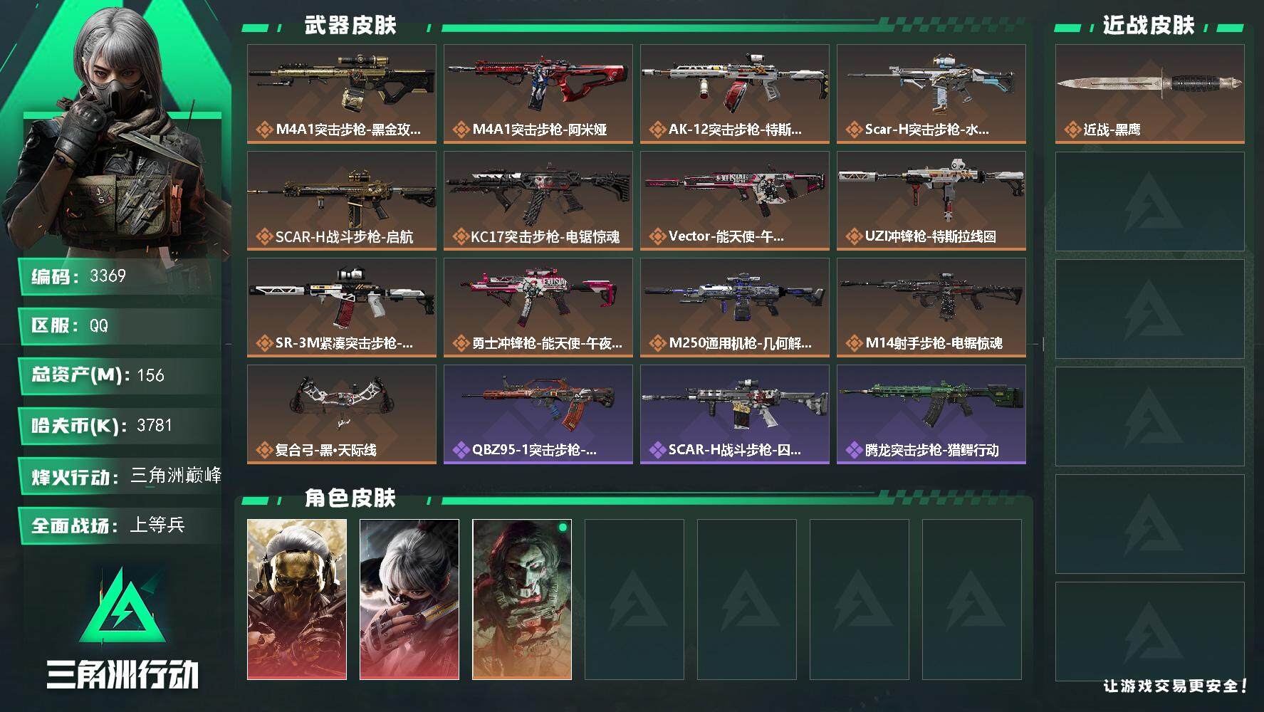 三角洲行动账号QQ总资产(M)：156M/哈夫币(K)：3781K/哈夫币(K)：3781K/全面战场等级：23_段位