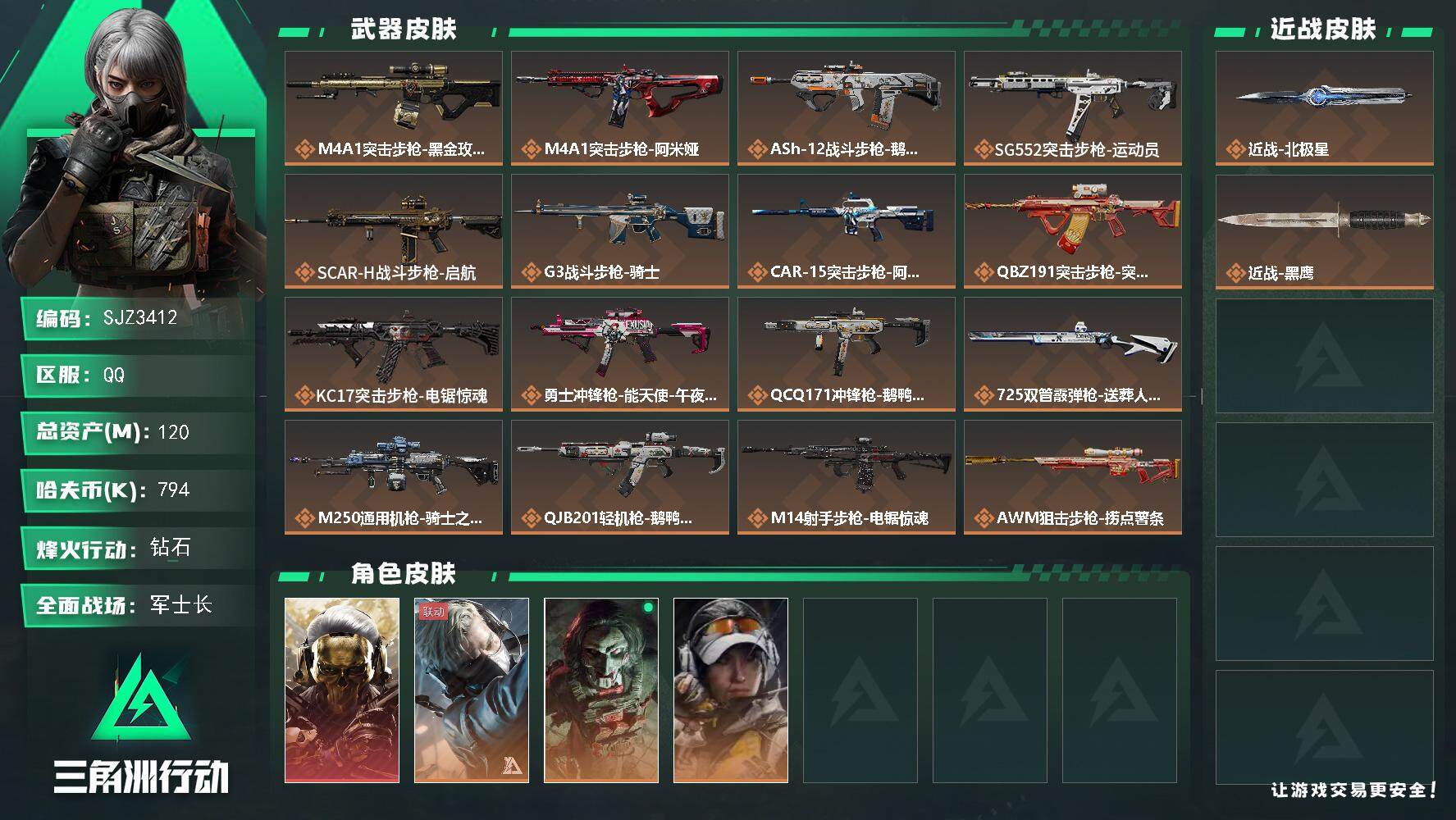 三角洲行动账号QQ【SJZ3412】总资产(M)：120M/哈夫币(K)：794K/哈夫币(K)：794K/全面战场等级：33_段位：军士长/烽火地带等级：60_段位：钻石/红狼-蚀金玫瑰/蜂医-送葬人·无题密令/红