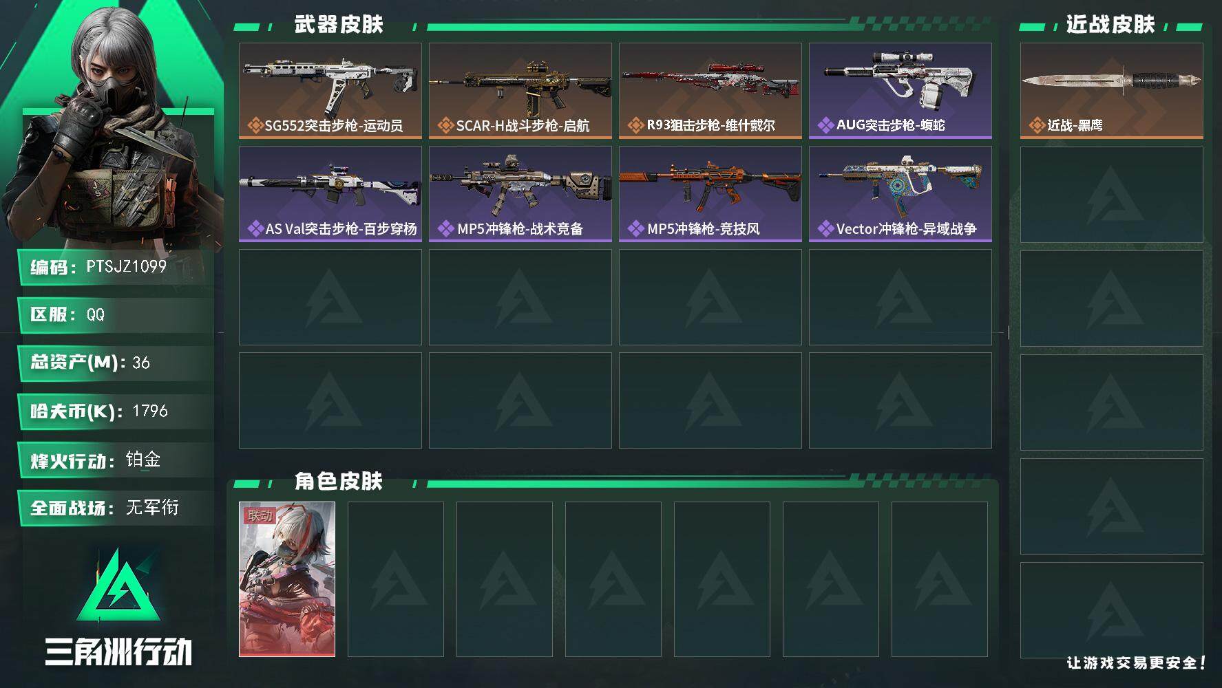 三角洲行动账号QQ【PTSJZ1099】【特价处理】1796k哈伏币-30m流动资产-47烽火等级-铂金-1战场等级-