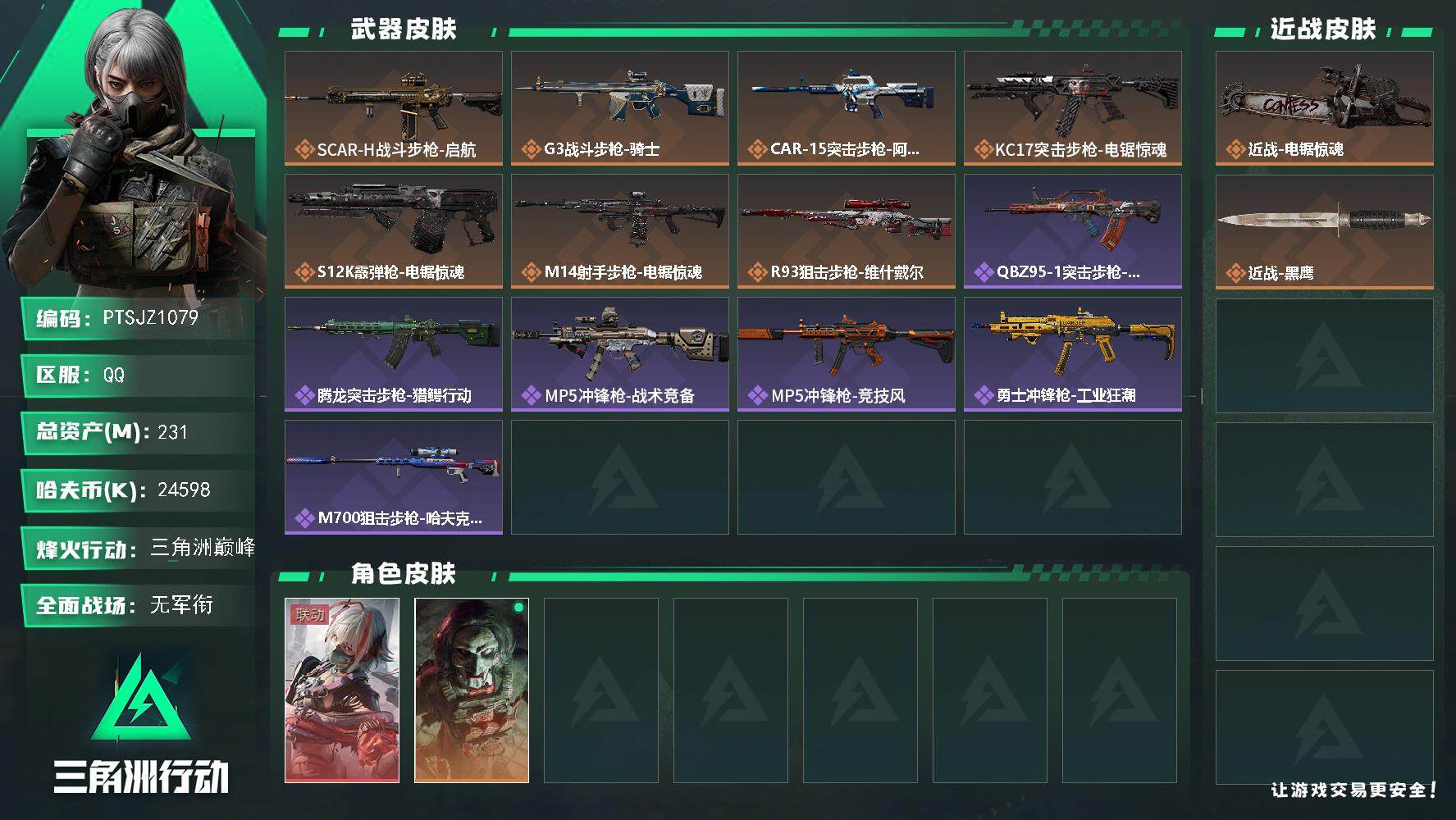 三角洲行动账号QQ【PTSJZ1079】【特价处理】24598k哈伏币-197m流动资产-60烽火等级-三角洲巅峰-5