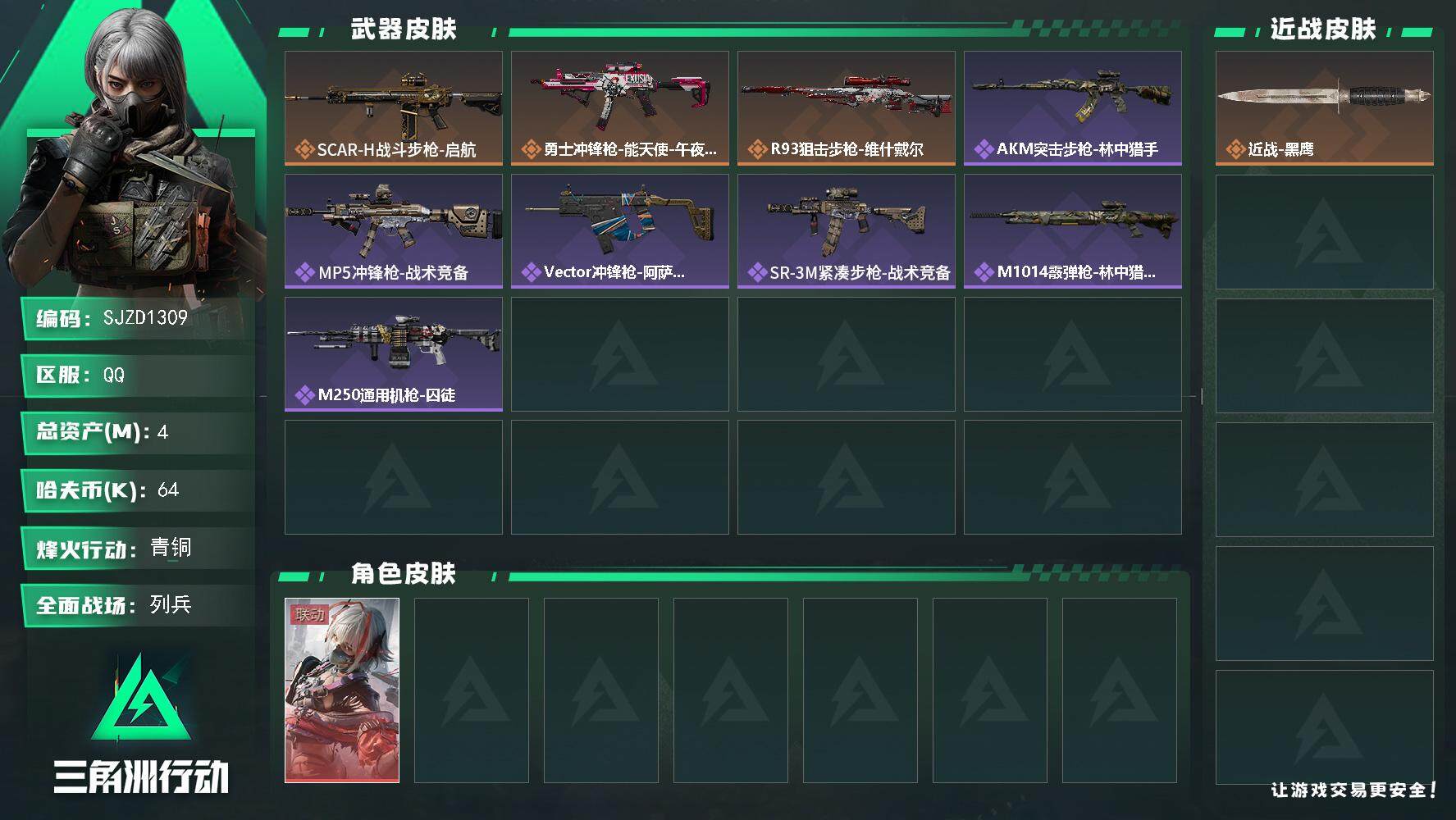 三角洲行动账号QQ【SJZD1309】总资产(M)：4M/哈夫币(K)：64K/哈夫币(K)：64K/全面战场等级：33_段位：列兵/烽火地带等级：43_段位：青铜/骇爪-维什戴尔/近战-黑鹰/SCAR-H战斗步枪-