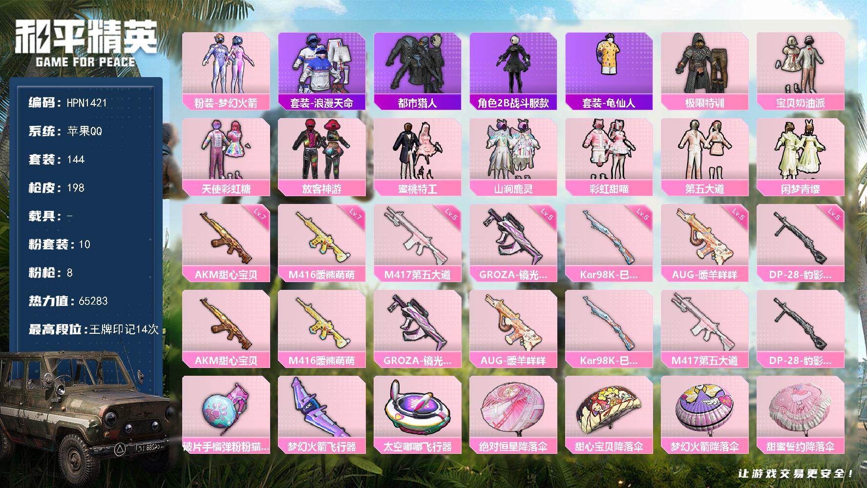 和平精英账号苹果QQ【N1421】144套装/枪械8/装备237/战备143/王牌印记14/热力值65283/七级AKM