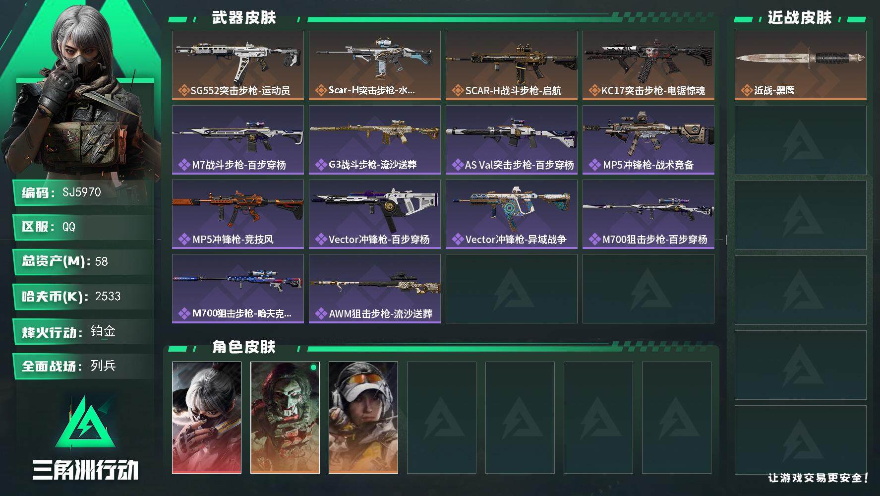三角洲行动账号QQ【SJ5970】总资产(M)：58M/哈夫币(K)：2533K/哈夫币(K)：2533K/全面战场等级：12_段位：列兵/烽火地带等级：60_段位：铂金/骇爪-水墨云图/红狼-电锯惊魂/露娜-金牌射