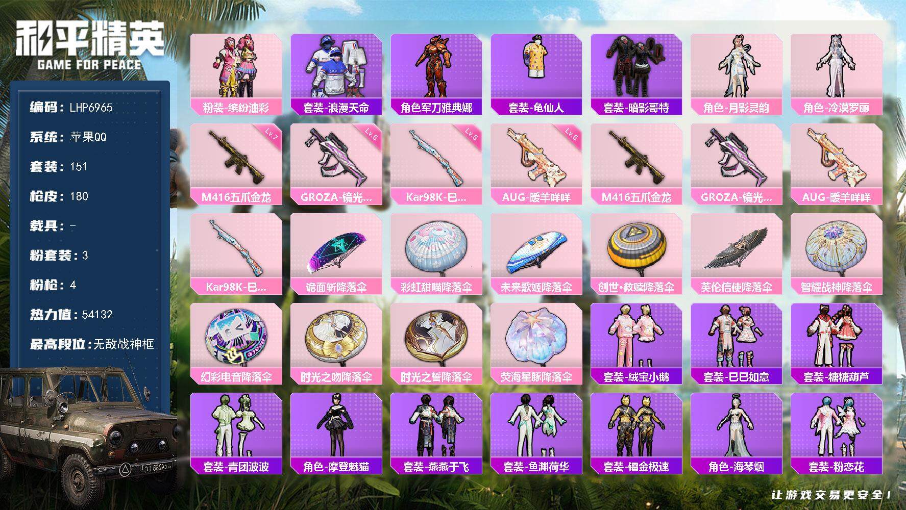 和平精英账号苹果QQ可二次【店主推荐捡漏号！可直接换绑】/无敌战神框1  苹果 手Q-无敌战神框-3粉装-4特效枪-1粉色飞行器-5.4w热力值-12王牌印记-151套装-180枪皮【热门品类】：粉装-缤纷油彩，套装-