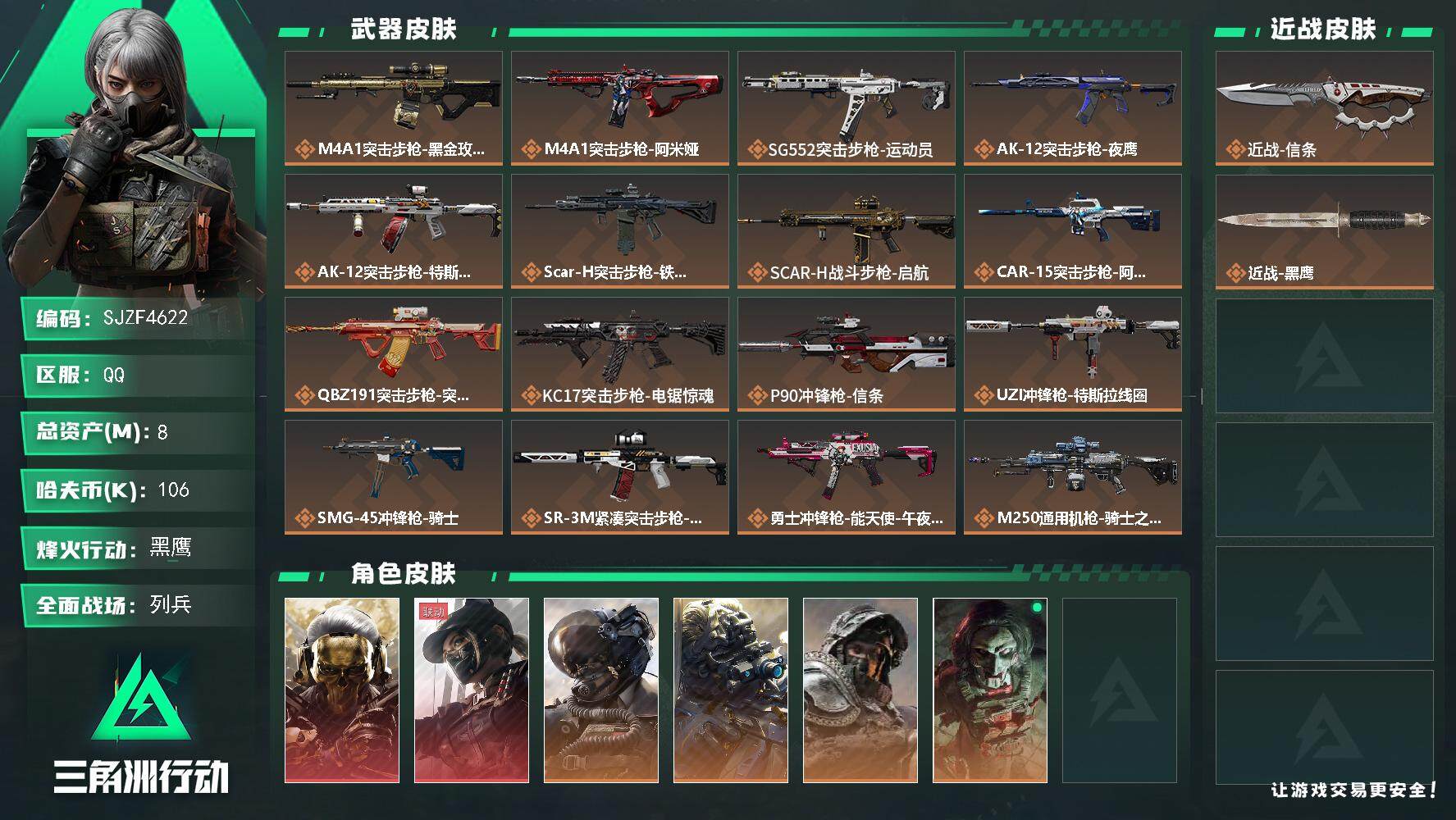 三角洲行动账号QQ【SJZF4622】总资产(M)：8M/哈夫币(K)：106K/哈夫币(K)：106K/全面战场等级