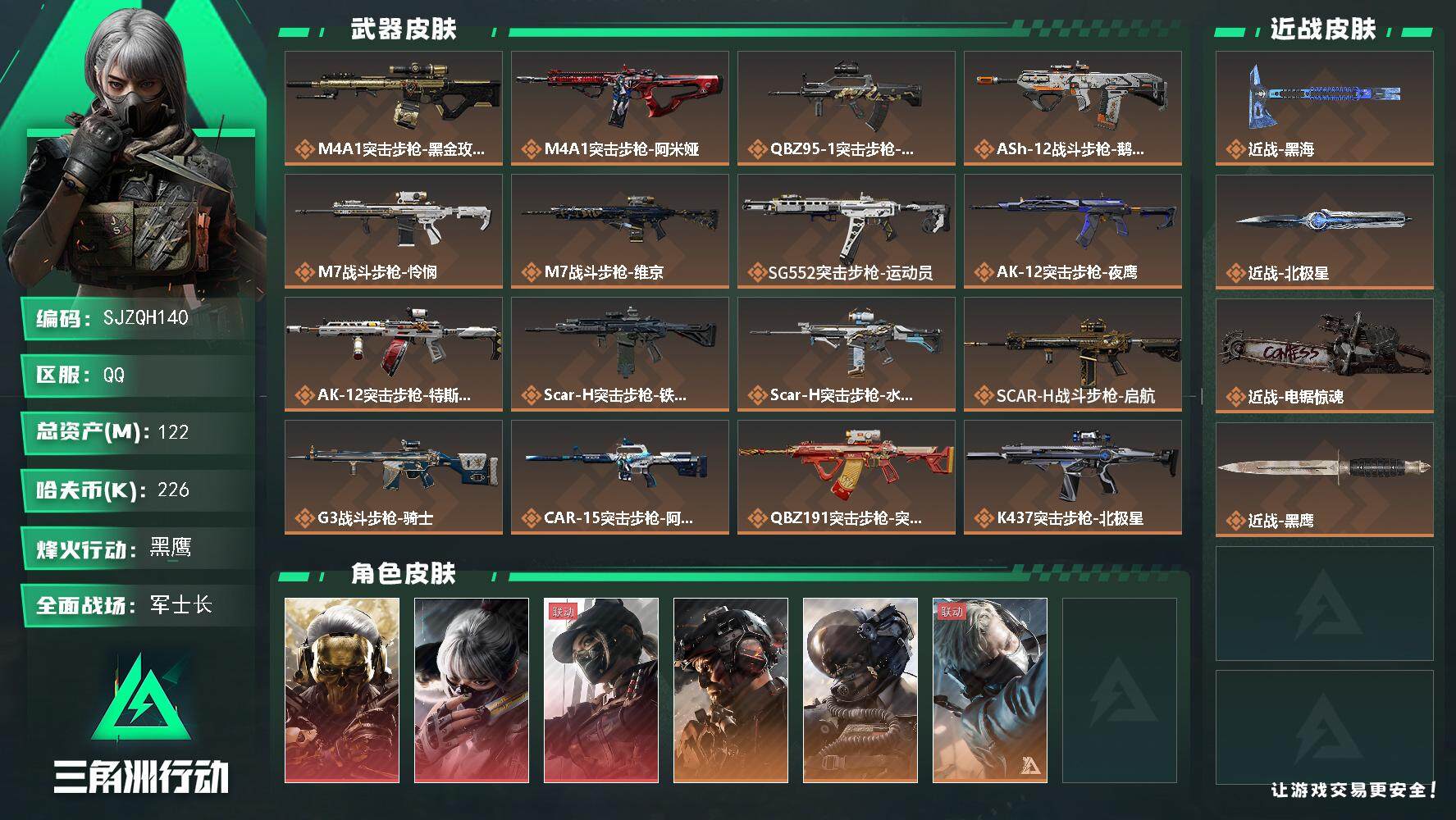 三角洲行动账号QQ【SJZQH140】总资产(M)：122M/哈夫币(K)：226K/哈夫币(K)：226K/全面战场