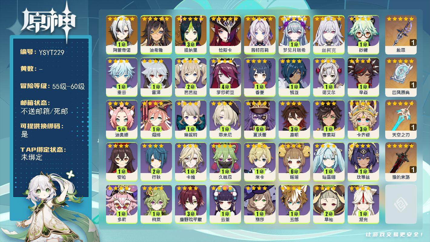 原神账号官服 天空岛【YSYT229】56级/男主/9个五星角色/0命丝柯克/1命梦见月瑞希/0命茜特菈莉/0命恰斯卡/1命阿蕾奇诺/0命迪希雅/3命提纳里/精1赦罪/精1四风原典/精1狼的末路/精1天空之刃/0命爱诺