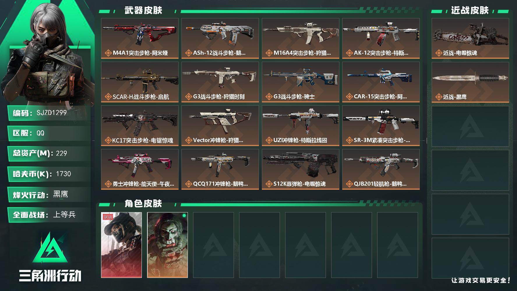三角洲行动账号QQ【SJZD1299】总资产(M)：229M/哈夫币(K)：1730K/哈夫币(K)：1730K/传说枪皮数：18/全面战场等级：31_段位：上等兵/烽火地带等级：60_段位：黑鹰/露娜-黑·天际线/
