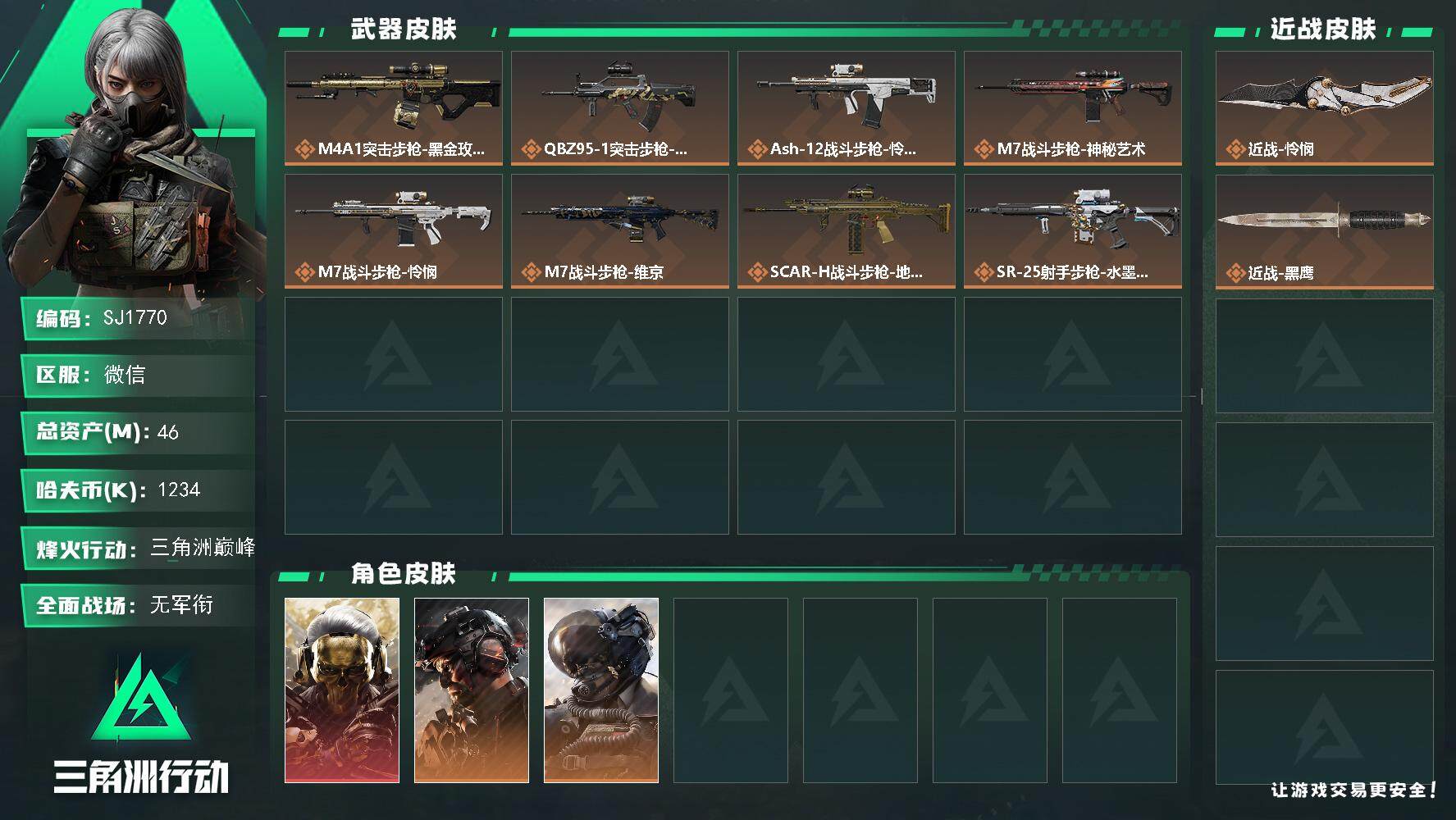 三角洲行动账号VX【SJ1770】总资产(M)：46M/哈夫币(K)：1234K/哈夫币(K)：1234K/烽火地带等级：60_段位：三角洲巅峰/红狼-蚀金玫瑰/威龙-壮志凌云/威龙-铁面判官/近战-黑鹰/近战-怜悯