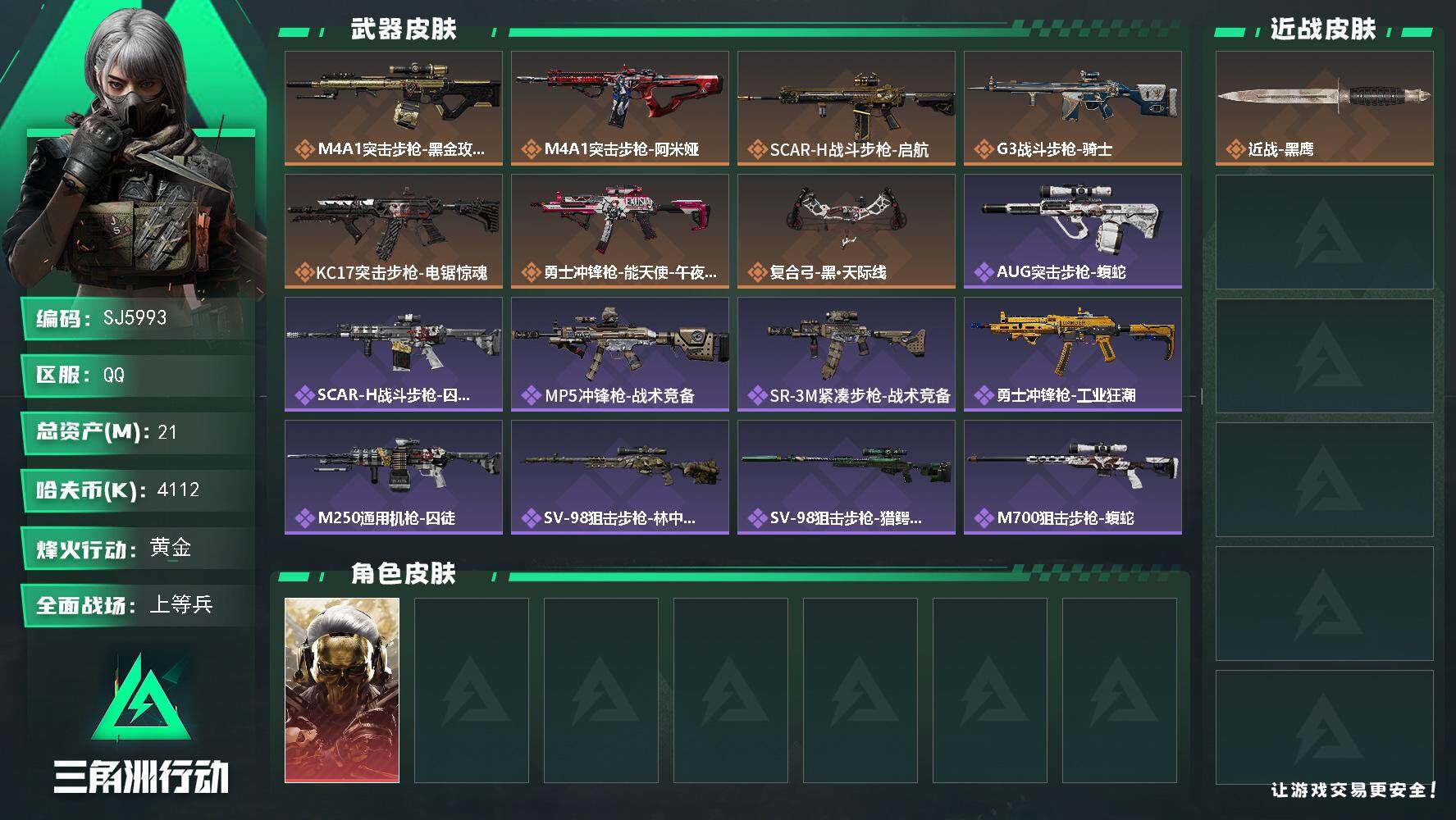 三角洲行动账号QQ【SJ5993】总资产(M)：21M/哈夫币(K)：4112K/哈夫币(K)：4112K/全面战场等级：28_段位：上等兵/烽火地带等级：47_段位：黄金/红狼-蚀金玫瑰/近战-黑鹰/M4A1突击步