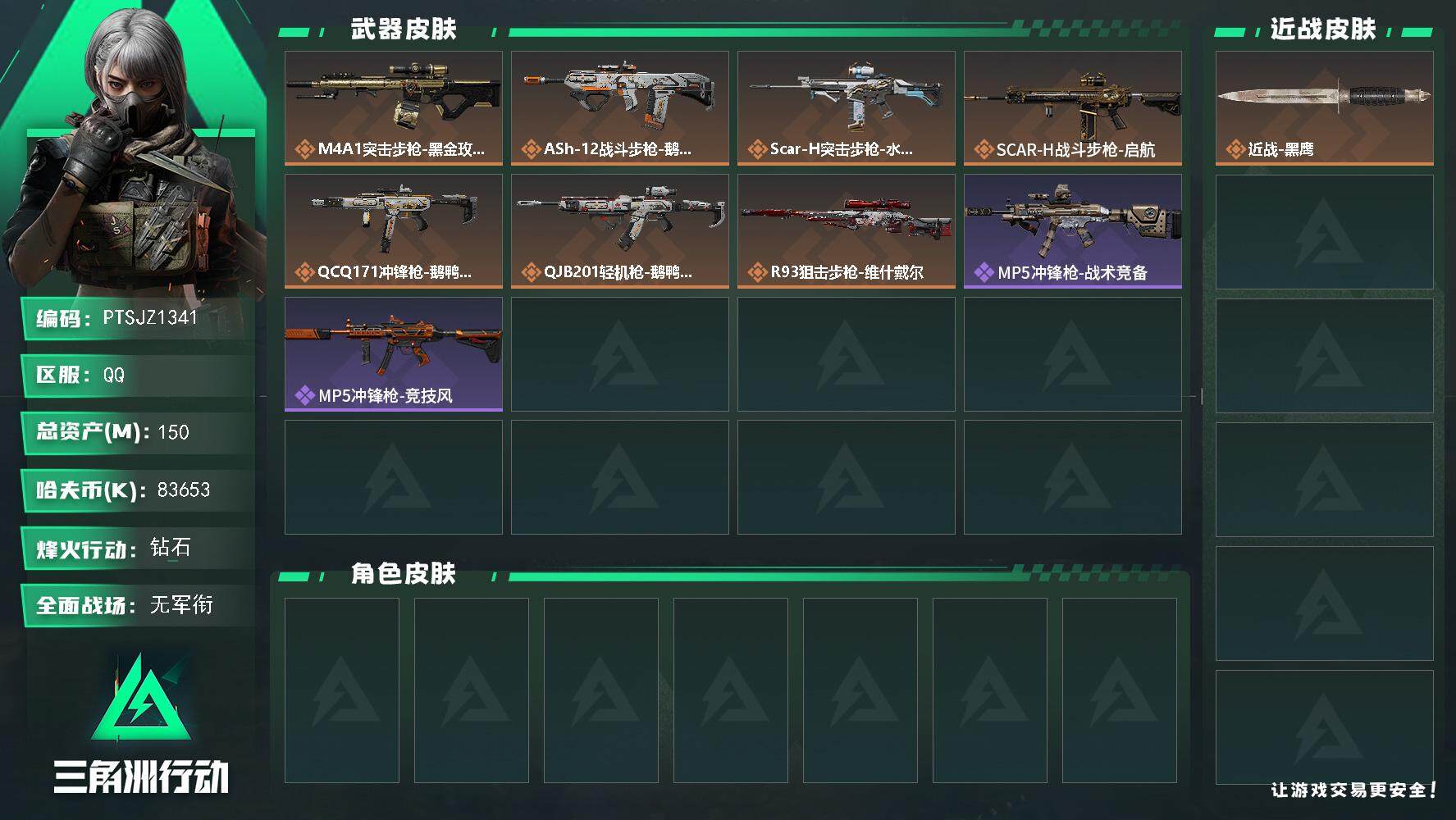 三角洲行动账号QQ【PTSJZ1341】【最新上架】  总资产150.5M  部门12111     150m总资产-