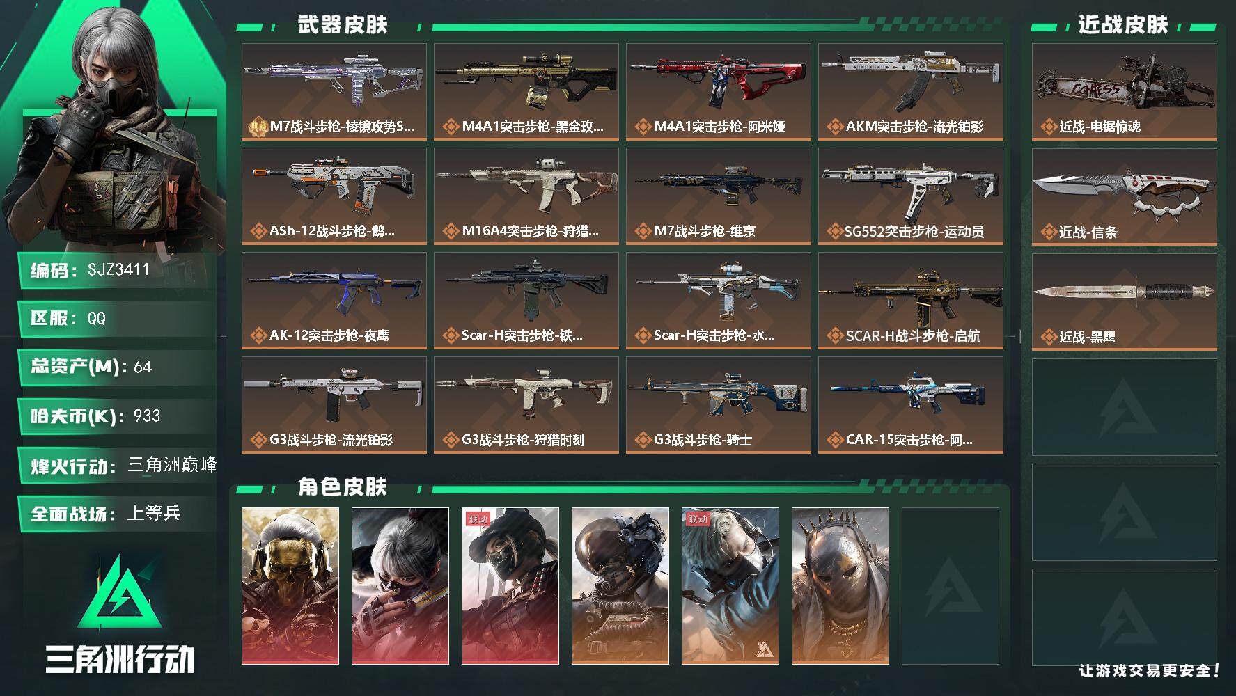三角洲行动账号QQ【SJZ3411】总资产(M)：64M/哈夫币(K)：933K/哈夫币(K)：933K/全面战场等级