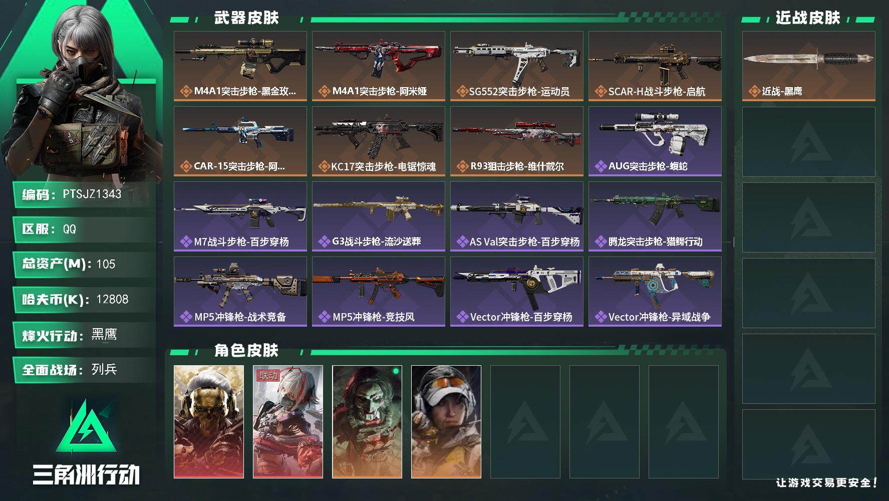 三角洲行动账号QQ【PTSJZ1343】【最新上架】总资产：105 M  部门任务：22323
105m总资产-128