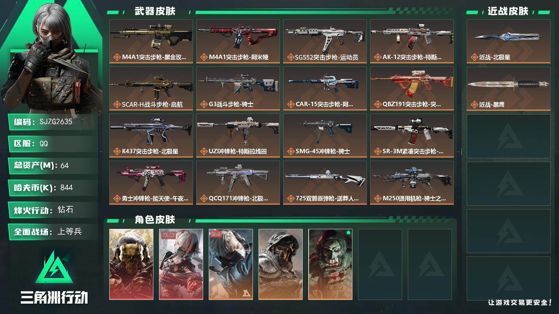 三角洲行动账号QQ【SJZG2635】总资产(M)：64M/哈夫币(K)：844K/哈夫币(K)：844K/全面战场等