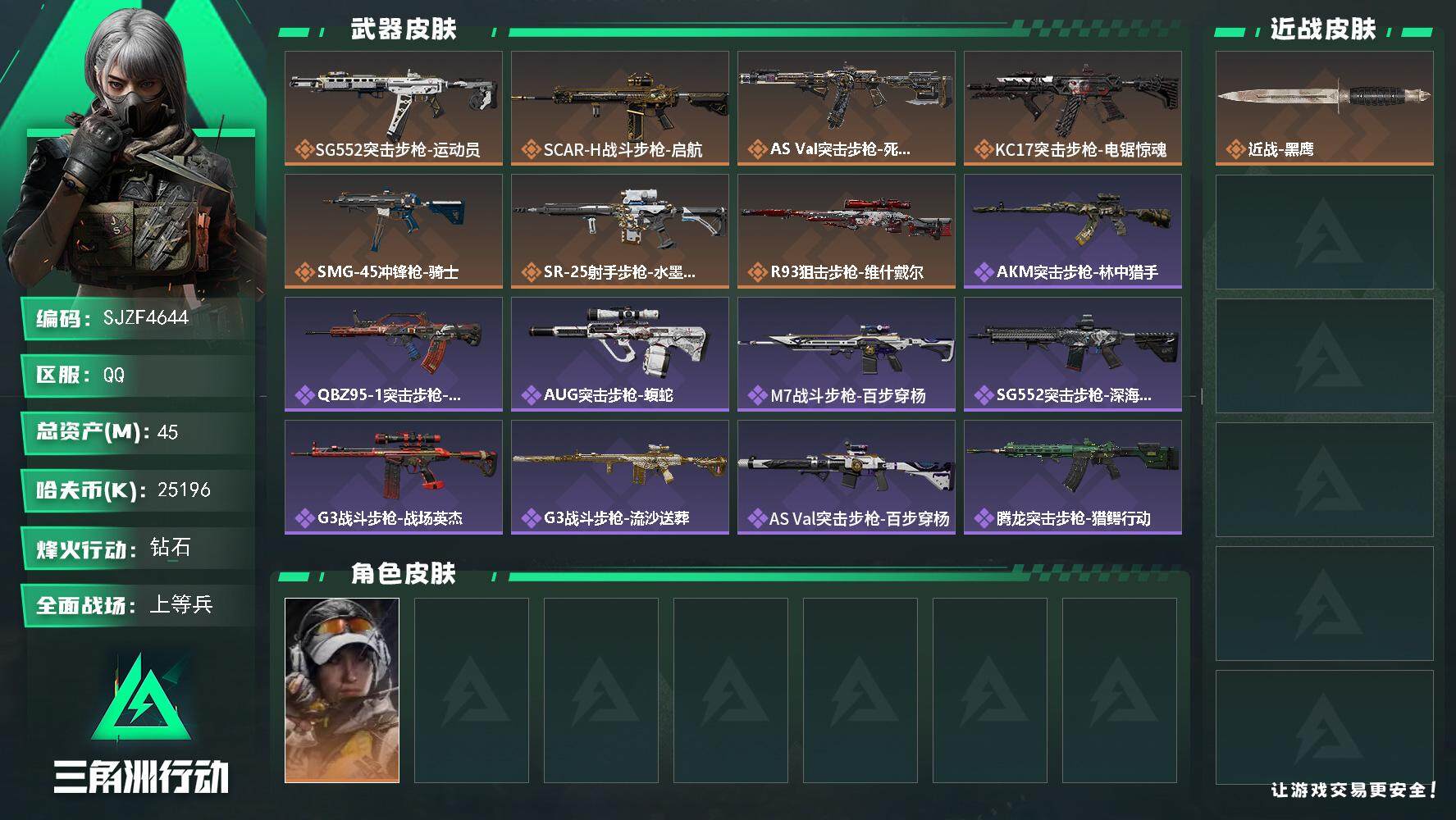 三角洲行动账号QQ【SJZF4644】总资产(M)：45M/哈夫币(K)：25196K/哈夫币(K)：25196K/全面战场等级：39_段位：上等兵/烽火地带等级：60_段位：钻石/露娜-金牌射手/近战-黑鹰/SG5
