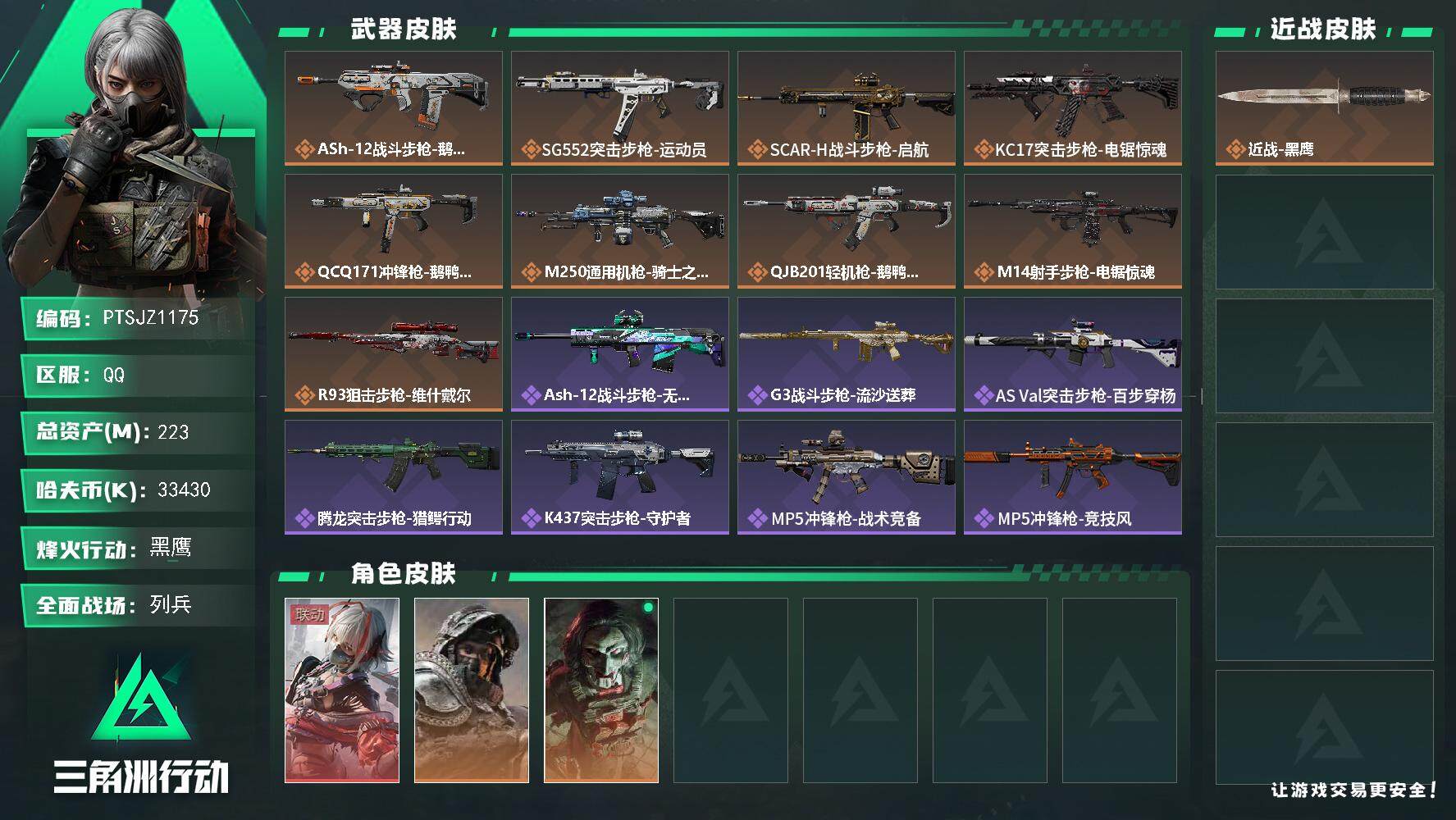 三角洲行动账号QQ【PTSJZ1175】【特价处理】33430k哈伏币-189m流动资产-60烽火等级-黑鹰-10战场