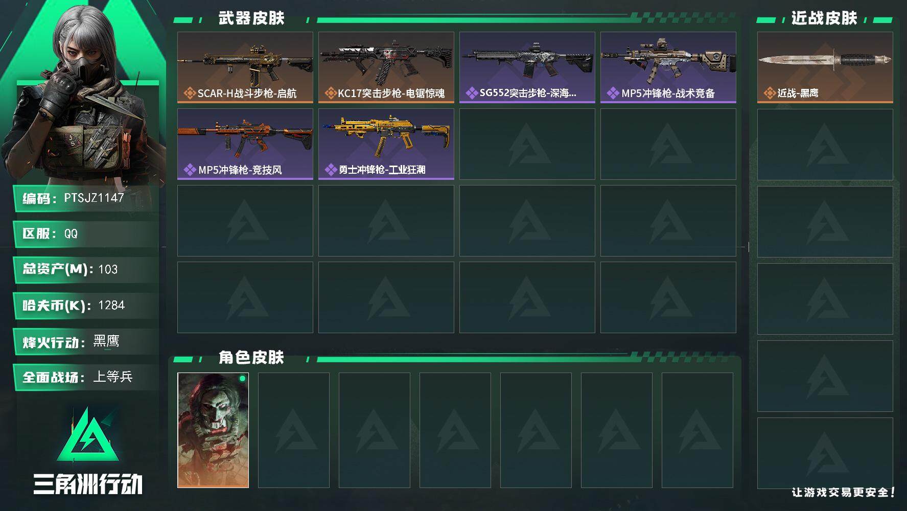 三角洲行动账号QQ【PTSJZ1147】【特价处理】1284k哈伏币-81m流动资产-60烽火等级-黑鹰-22战场等级