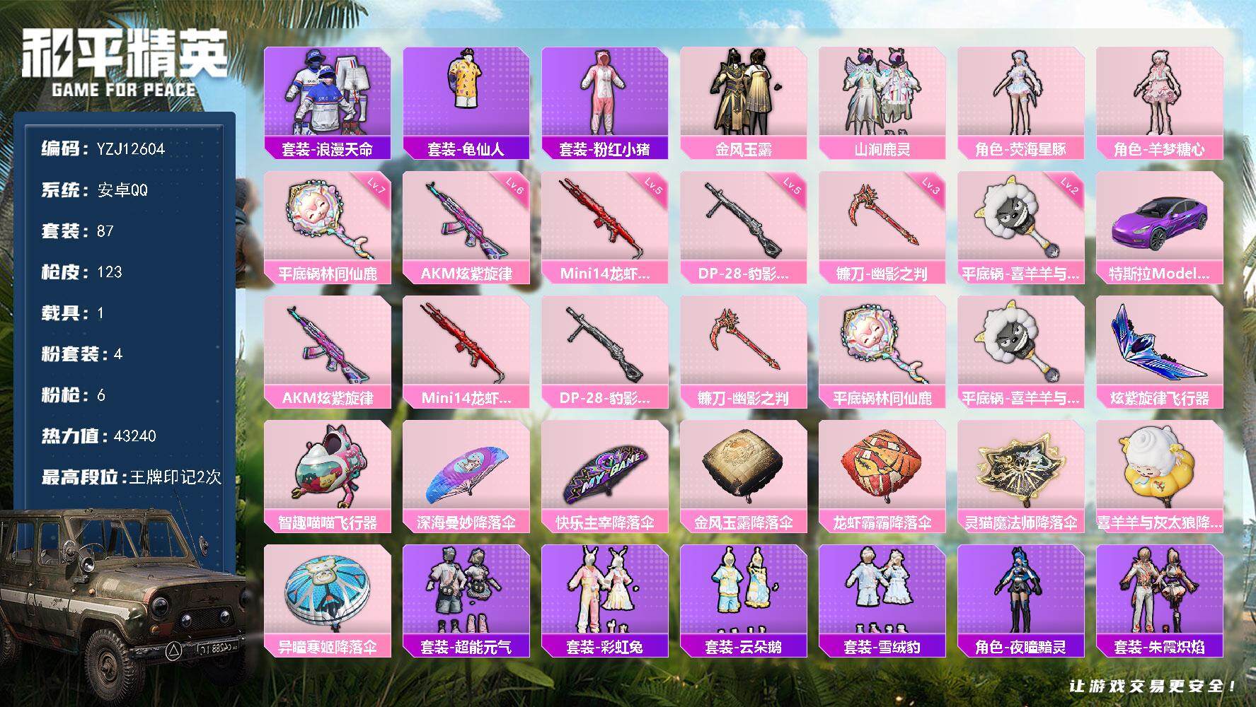 和平精英账号安卓QQYZJ12604 可二次 安卓Q-1稀有1载具4粉装6特效枪10热门 极品小女号 星豚 鹿灵 旋紫旋