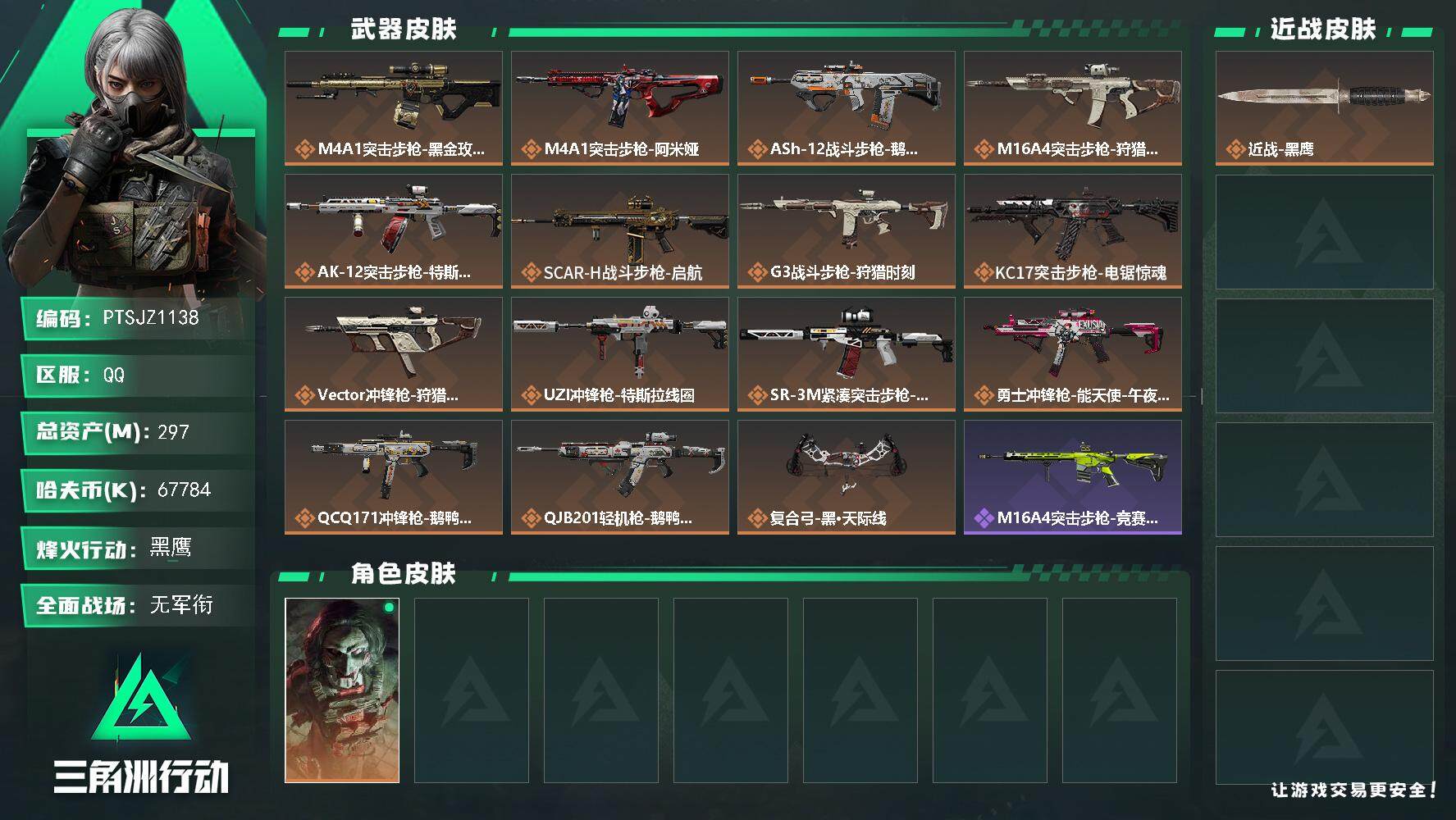 三角洲行动账号QQ【PTSJZ1138】【特价处理】67784k哈伏币-243m流动资产-60烽火等级-黑鹰-1战场等