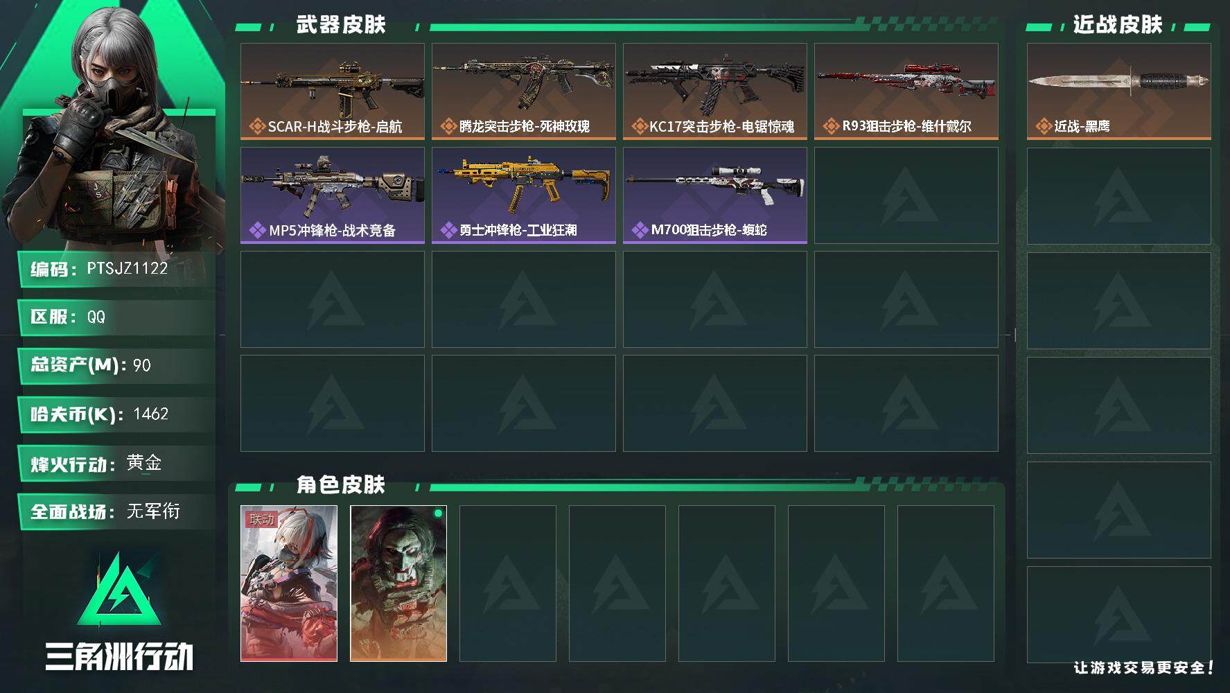 三角洲行动账号QQ【PTSJZ1122】【特价处理】1462k哈伏币-81m流动资产-47烽火等级-黄金-5战场等级-