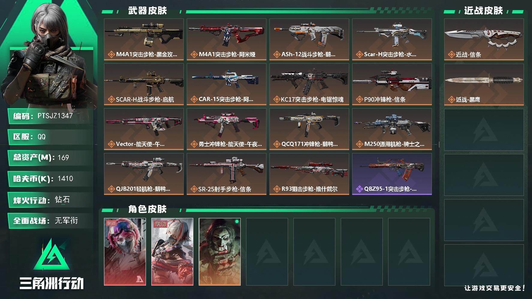 三角洲行动账号QQ【PTSJZ1347】[最新上架]  总资产：169.2    M   部门任务：22211
169