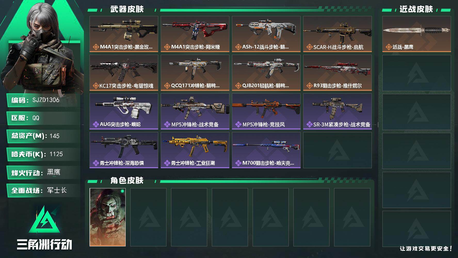 三角洲行动账号QQ【SJZD1306】总资产(M)：145M/哈夫币(K)：1125K/哈夫币(K)：1125K/全面战场等级：19_段位：军士长/烽火地带等级：60_段位：黑鹰/红狼-电锯惊魂/近战-黑鹰/M4A1