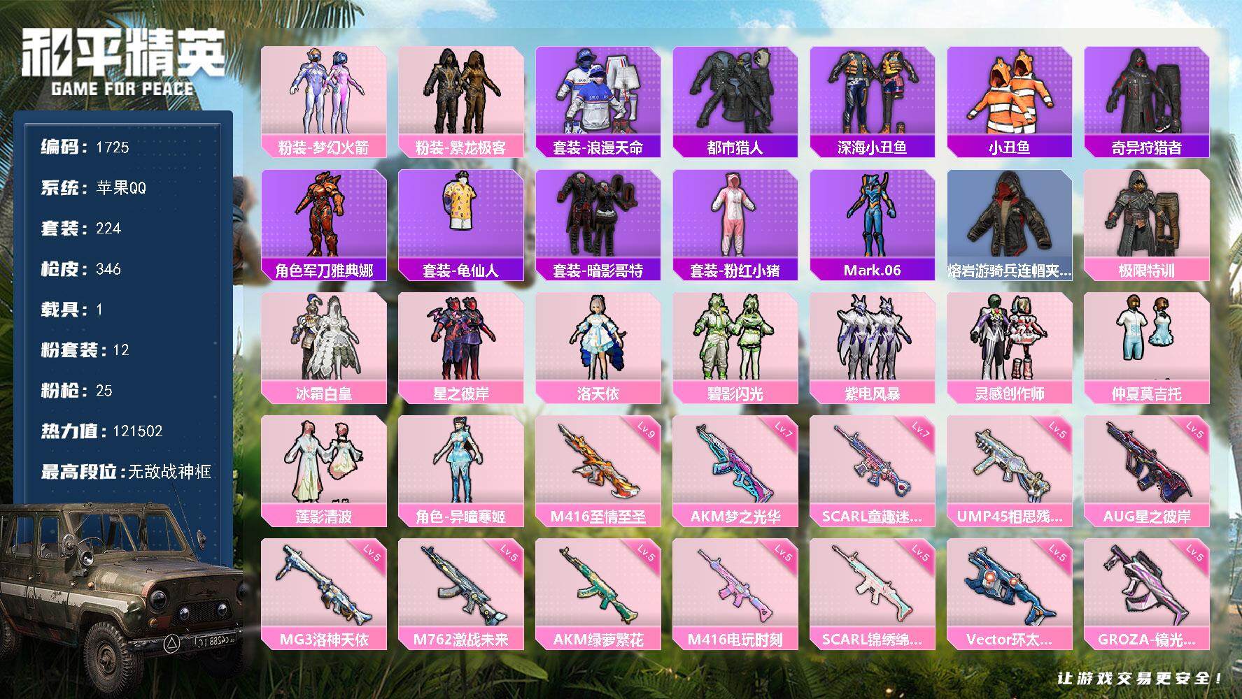 和平精英账号苹果QQ1载具-224套装-346枪皮-224套装/枪械25/装备470/载具1/战备230/王牌印记25/