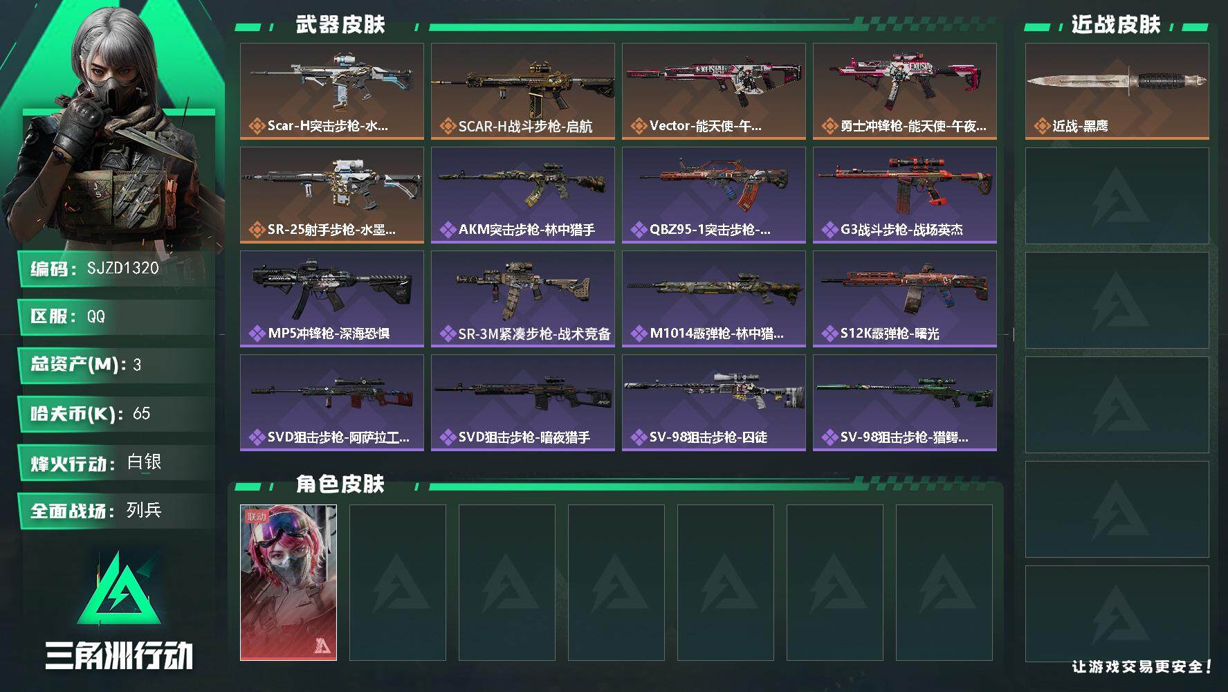 三角洲行动账号QQ【SJZD1320】总资产(M)：3M/哈夫币(K)：65K/哈夫币(K)：65K/全面战场等级：1