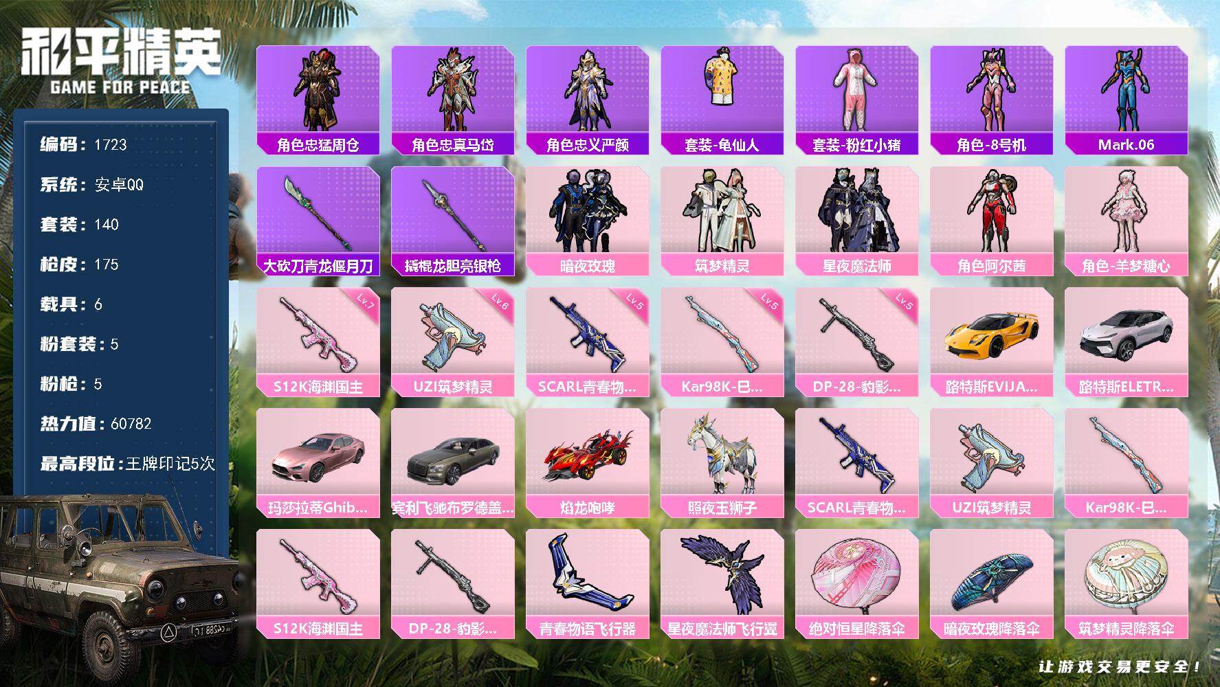 和平精英账号安卓QQ6载具-140套装-175枪皮-140套装/枪械5/装备199/载具6/战备115/王牌印记5/热力