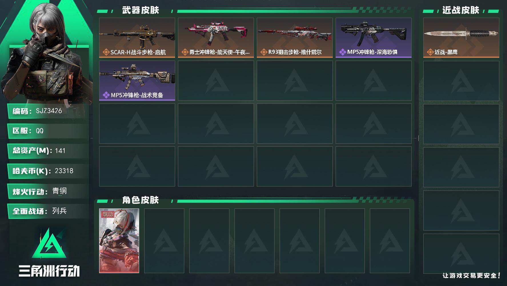 三角洲行动账号QQ【SJZ3426】总资产(M)：141M/哈夫币(K)：23318K/哈夫币(K)：23318K/全