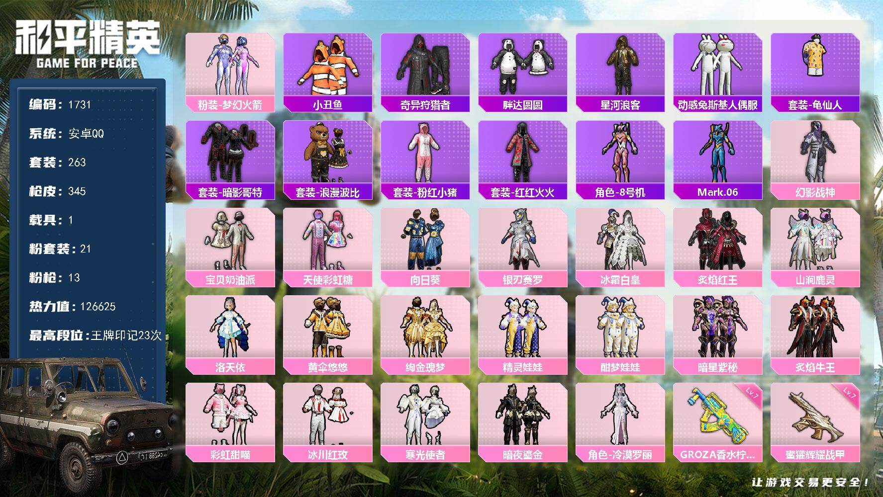 和平精英账号安卓QQ1载具-263套装-345枪皮-263套装/枪械13/装备509/载具1/战备239/王牌印记23/